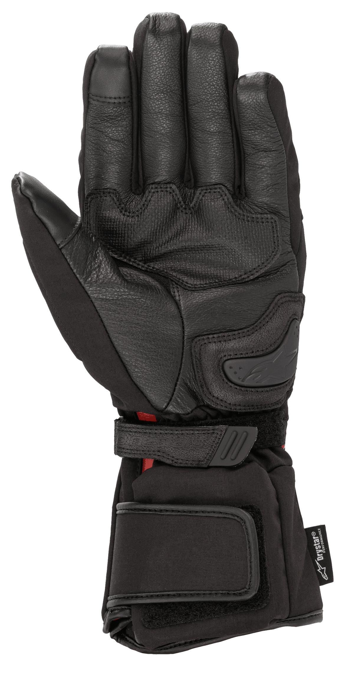 Rękawice Alpinestars HT-5 Heat Tech Drystar®, czarne, widok od strony dłoni, konstrukcja ze skóry koziej, ślizgacz na dłoni oraz regulowane paski na nadgarstku i mankiecie, wodoodporny i podgrzewany zimowy sprzęt motocyklowy turystyczny