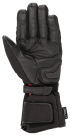 Rękawice Alpinestars HT-5 Heat Tech Drystar®, czarne, widok od strony dłoni, konstrukcja ze skóry koziej, ślizgacz na dłoni oraz regulowane paski na nadgarstku i mankiecie, wodoodporny i podgrzewany zimowy sprzęt motocyklowy turystyczny