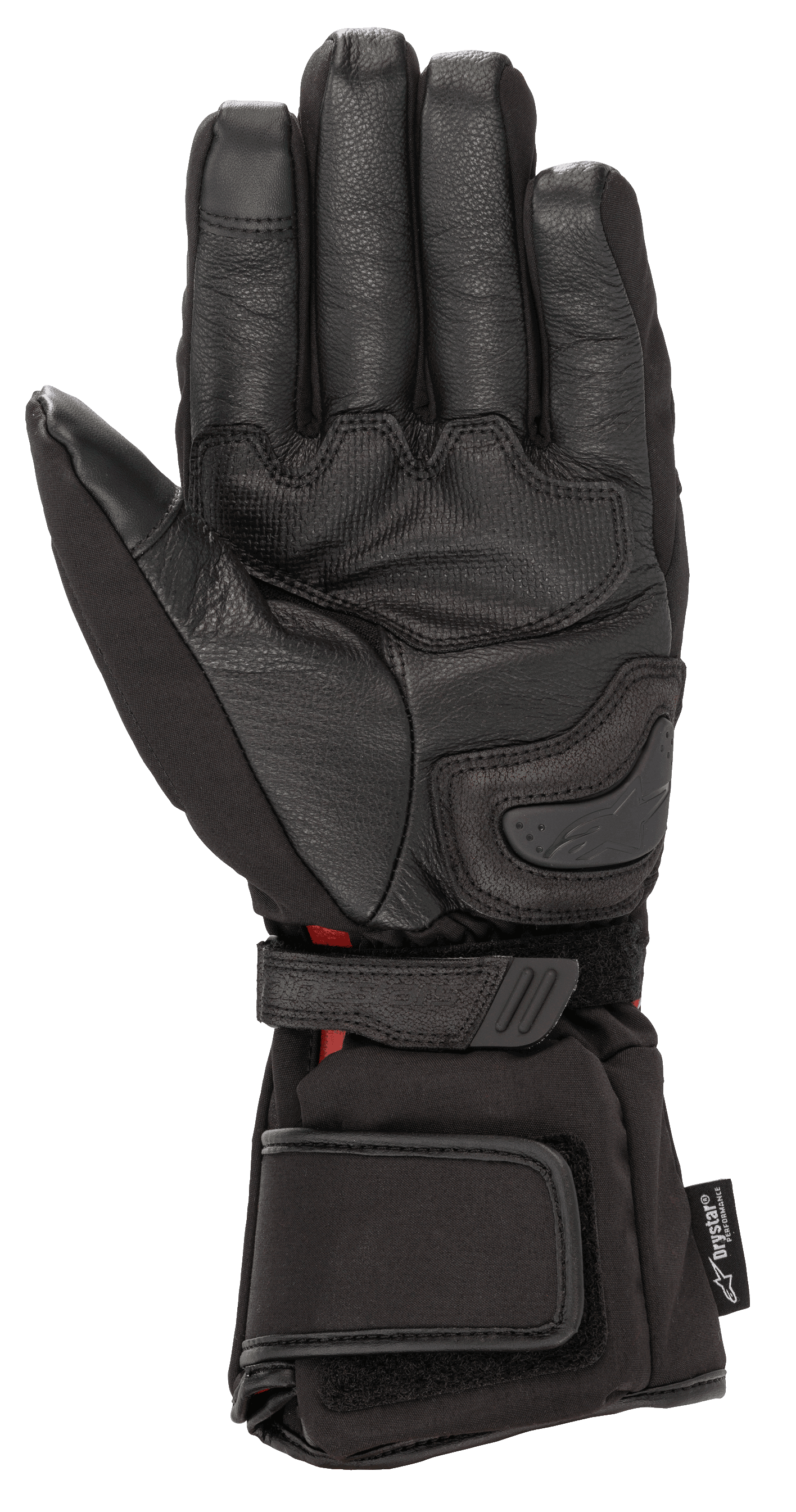 Rękawice Alpinestars HT-5 Heat Tech Drystar®, czarne, widok od strony dłoni, konstrukcja ze skóry koziej, ślizgacz na dłoni oraz regulowane paski na nadgarstku i mankiecie, wodoodporny i podgrzewany zimowy sprzęt motocyklowy turystyczny