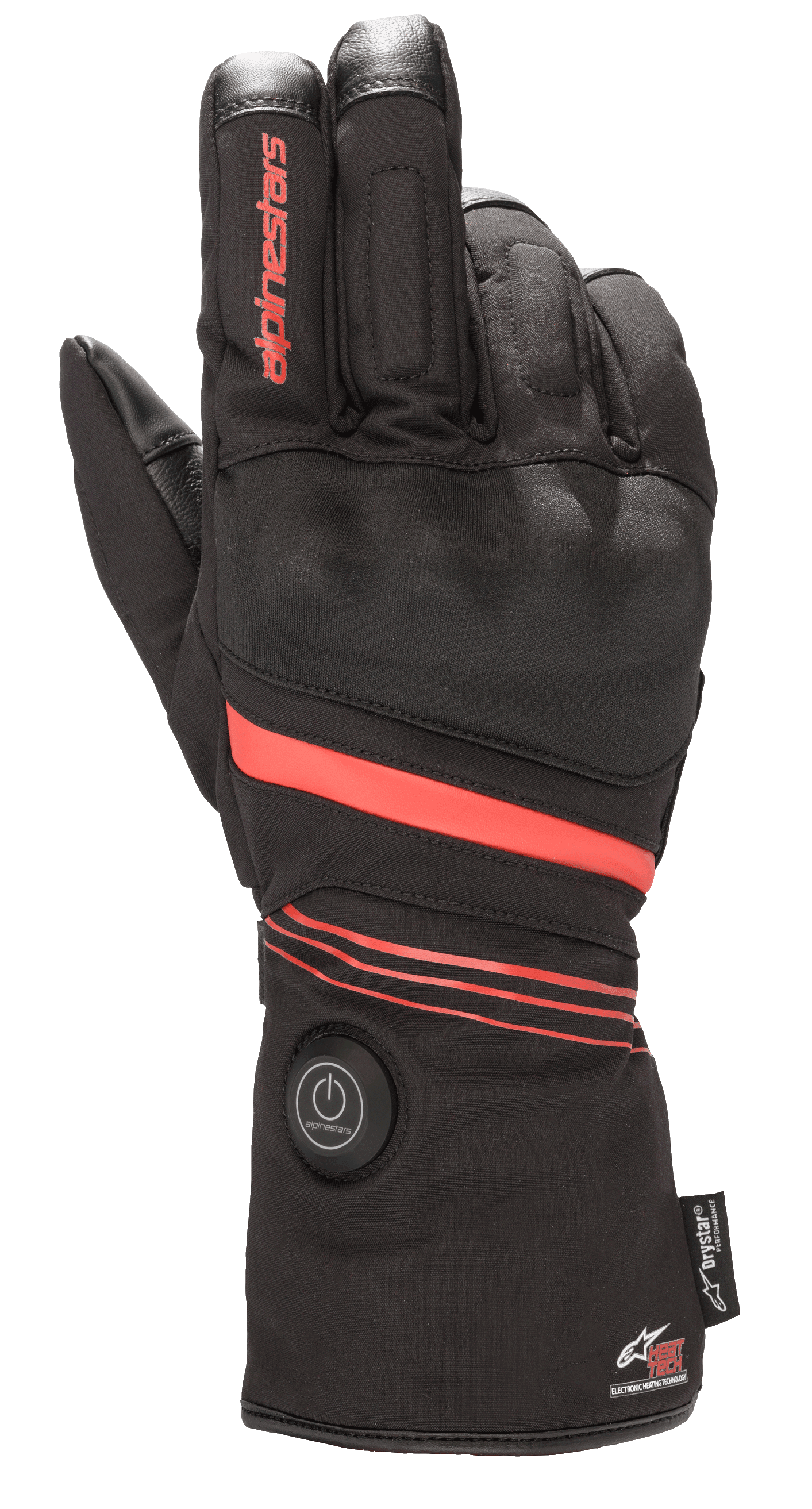 Alpinestars HT-5 Heat Tech Drystar® Gloves, podgrzewane rękawice motocyklowe, czarne z czerwonymi akcentami, okrągły przycisk zasilania na mankiecie, czerwone paski na dłoni i nadgarstku, logo Alpinestars na palcu, zapewniające wodoodporną ochronę w zimne dni