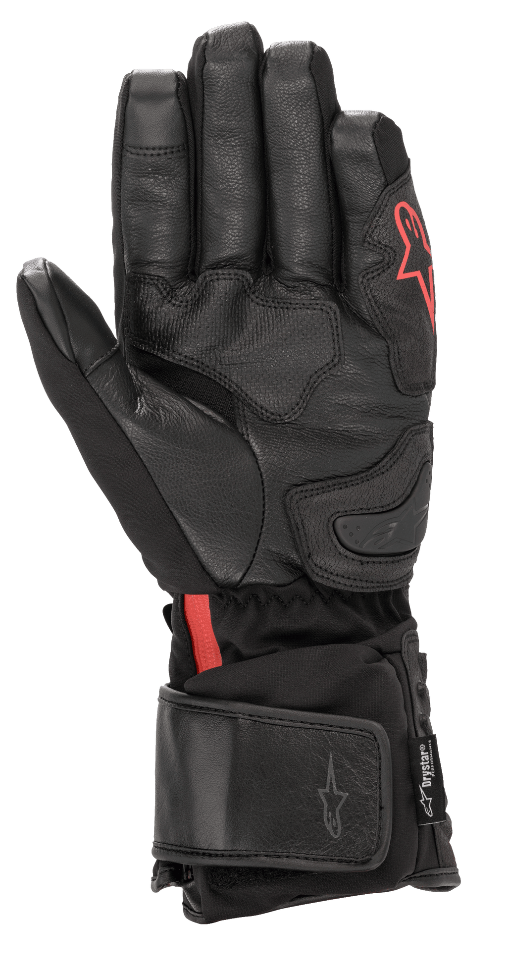 Rękawice Alpinestars HT-7 Heat Tech Drystar®, czarne podgrzewane rękawice motocyklowe, skórzana dłoń i konstrukcja softshell z czerwonym logo Alpinestars, wodoodporna technologia Drystar®, regulowany mankiet do jazdy szosowej w niskich temperaturach