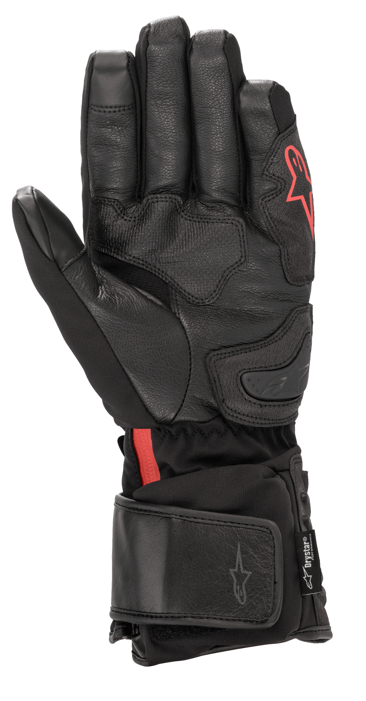 Rękawice Alpinestars HT-7 Heat Tech Drystar®, czarne podgrzewane rękawice motocyklowe, skórzana dłoń i konstrukcja softshell z czerwonym logo Alpinestars, wodoodporna technologia Drystar®, regulowany mankiet do jazdy szosowej w niskich temperaturach