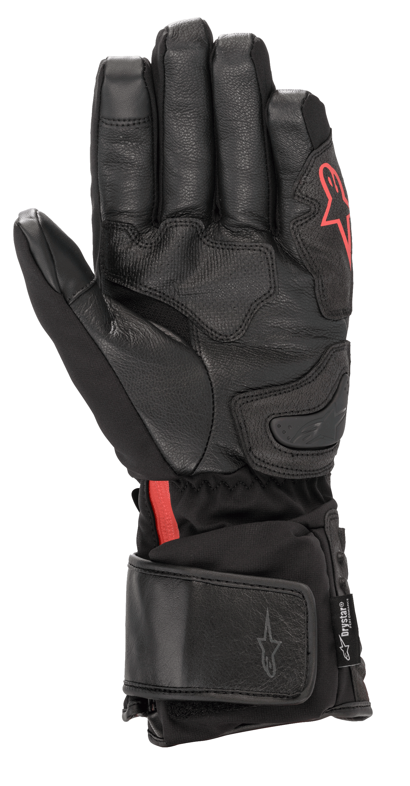 Rękawice Alpinestars HT-7 Heat Tech Drystar®, czarne podgrzewane rękawice motocyklowe, skórzana dłoń i konstrukcja softshell z czerwonym logo Alpinestars, wodoodporna technologia Drystar®, regulowany mankiet do jazdy szosowej w niskich temperaturach