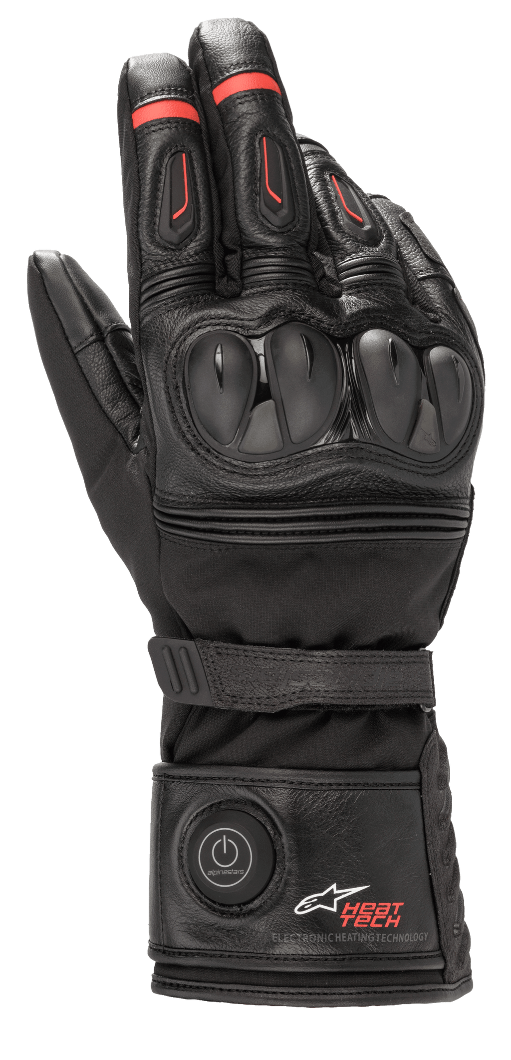 Alpinestars HT-7 Heat Tech Drystar Gloves, podgrzewane rękawice motocyklowe, czarne z czerwonymi akcentami, elektroniczny system Heat Tech z przyciskiem zasilania na mankiecie, ochrona kostek TPU, wodoodporna technologia Drystar, konstrukcja skórzano-tekstylna