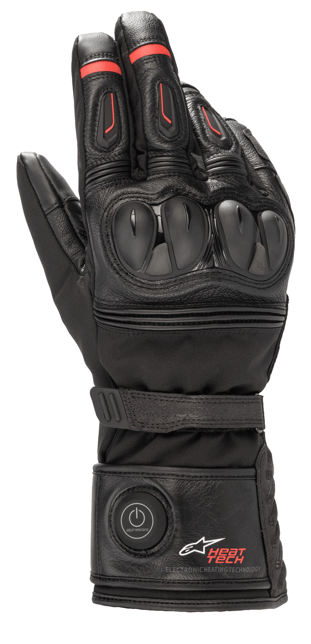 Alpinestars HT-7 Heat Tech Drystar Gloves, podgrzewane rękawice motocyklowe, czarne z czerwonymi akcentami, elektroniczny system Heat Tech z przyciskiem zasilania na mankiecie, ochrona kostek TPU, wodoodporna technologia Drystar, konstrukcja skórzano-tekstylna