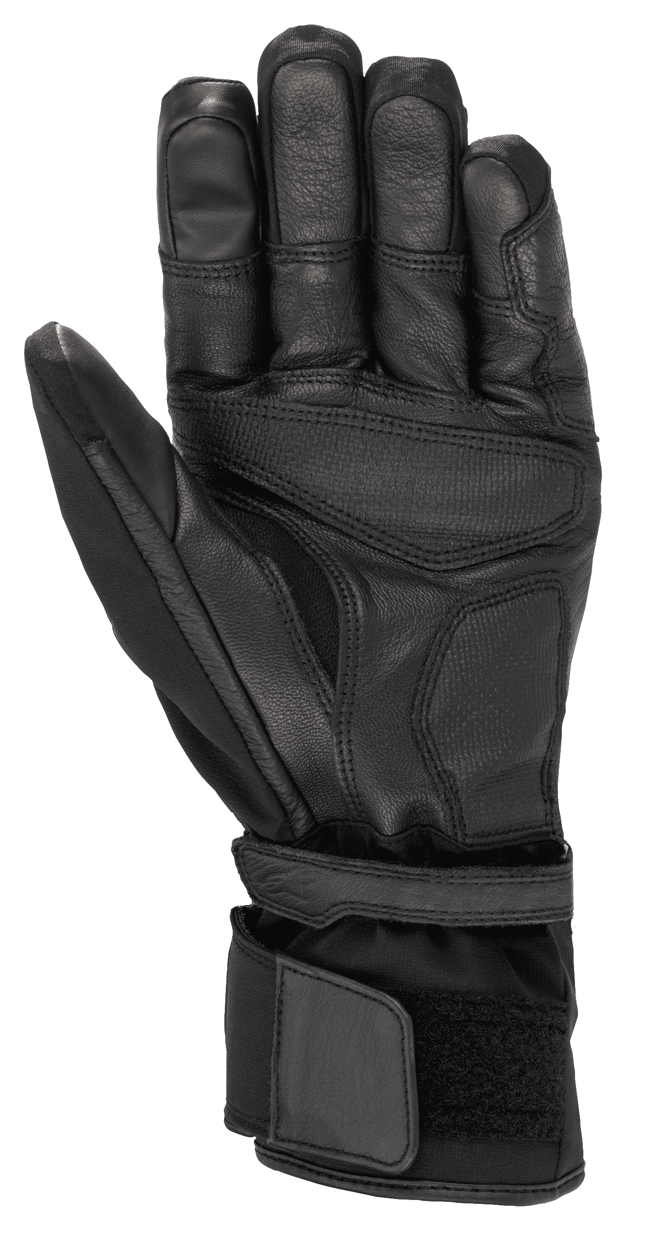 Alpinestars Range 2 In One GORE-TEX Glove z technologią Goregrip Tech, rękawice motocyklowe, czarne, widok od strony dłoni prezentujący konstrukcję ze skóry koziej, wzmocnione strefy chwytu i długi mankiet z regulacją na rzep dla bezpiecznego dopasowania.