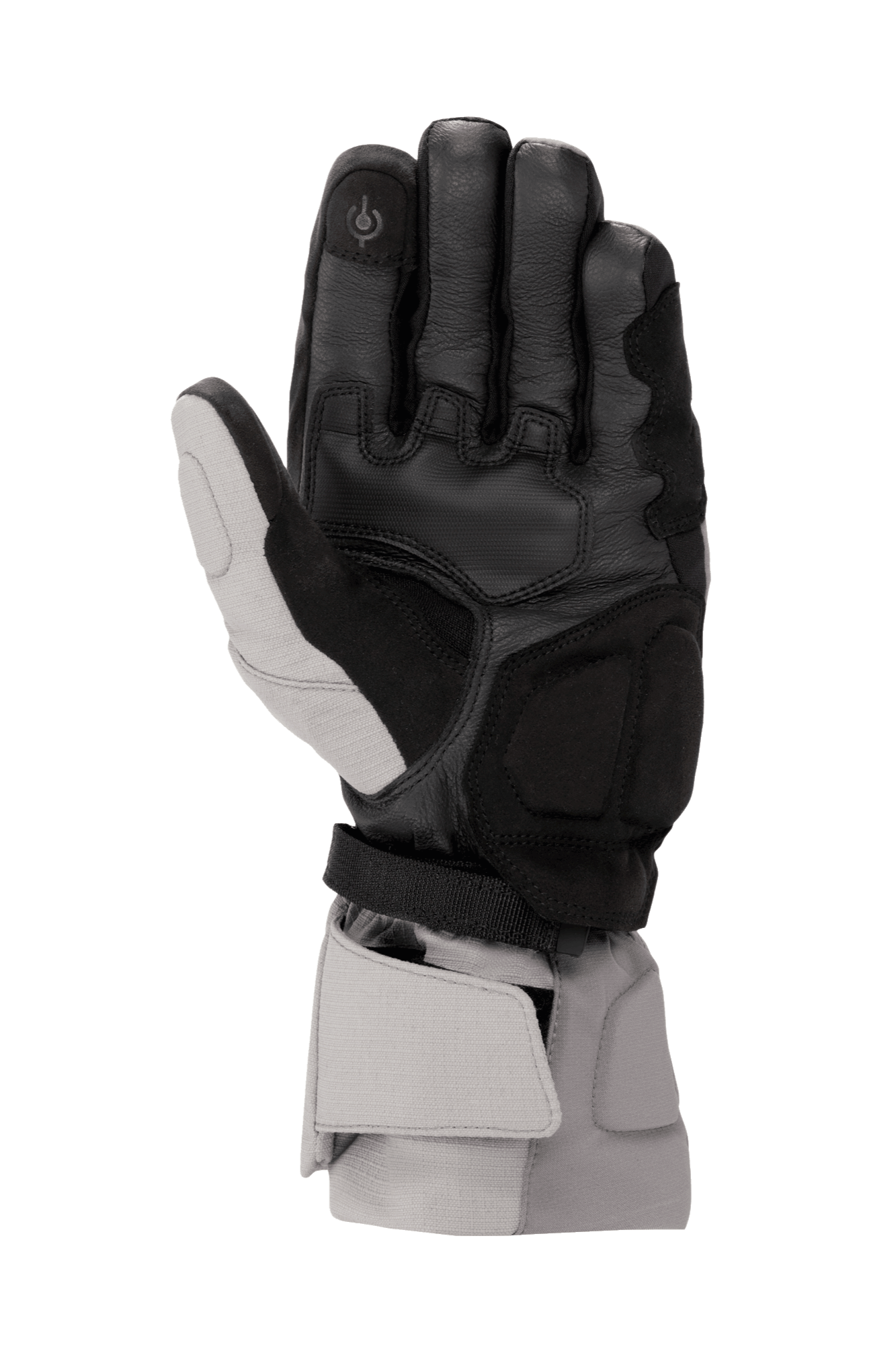 Alpinestars WR-X GORE-TEX Gloves, zimowe rękawice motocyklowe, ciemnoszare, jasnoszare i czarne, widok od strony dłoni przedstawiający skórzaną konstrukcję, wzmocnienia z syntetycznego zamszu, palec wskazujący kompatybilny z ekranami dotykowymi oraz długi mankiet zapewniający ochronę przed pogodą