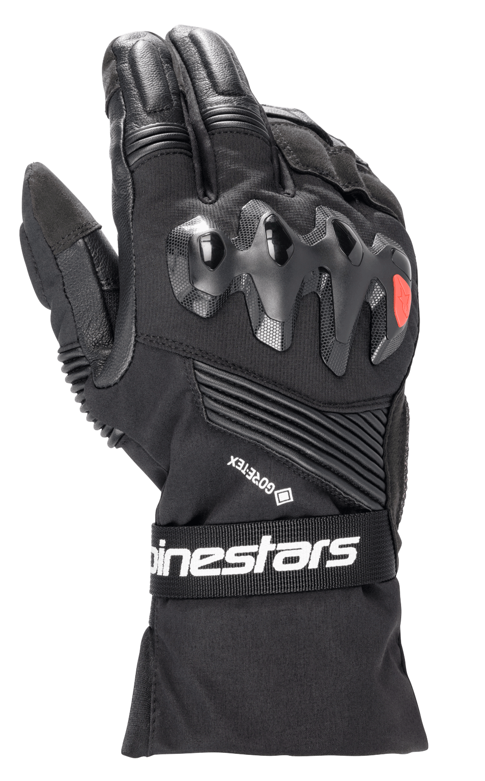 Alpinestars Boulder GORE-TEX Gloves, czarne rękawice motocyklowe, twardy ochraniacz kostek z czerwonym logo, oznaczenie GORE-TEX, elastyczne panele harmonijkowe, pasek na nadgarstku z białym logo Alpinestars, wytrzymała konstrukcja tekstylno-skórzana