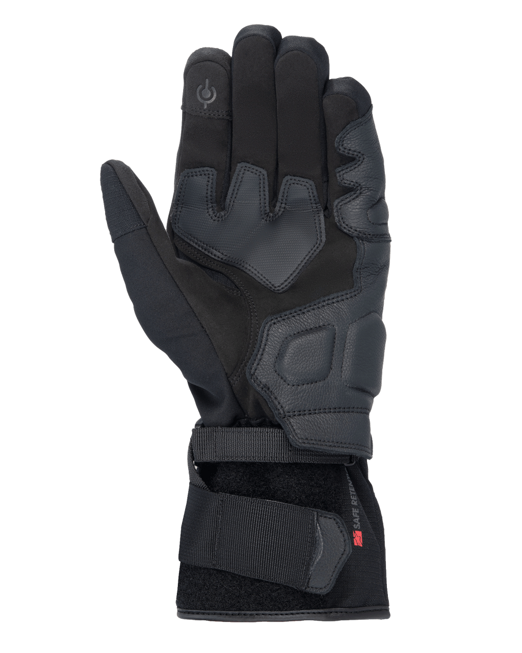 Rękawice Alpinestars Tourer W-7 V2 Drystar®, czarne rękawice motocyklowe, widok od strony dłoni ze skórzanymi wzmocnieniami, wyściełanymi strefami chwytu, opuszką palca kompatybilną z ekranami dotykowymi i bezpiecznym zapięciem na pasek nadgarstkowy