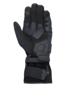 Rękawice Alpinestars Tourer W-7 V2 Drystar®, czarne rękawice motocyklowe, widok od strony dłoni ze skórzanymi wzmocnieniami, wyściełanymi strefami chwytu, opuszką palca kompatybilną z ekranami dotykowymi i bezpiecznym zapięciem na pasek nadgarstkowy