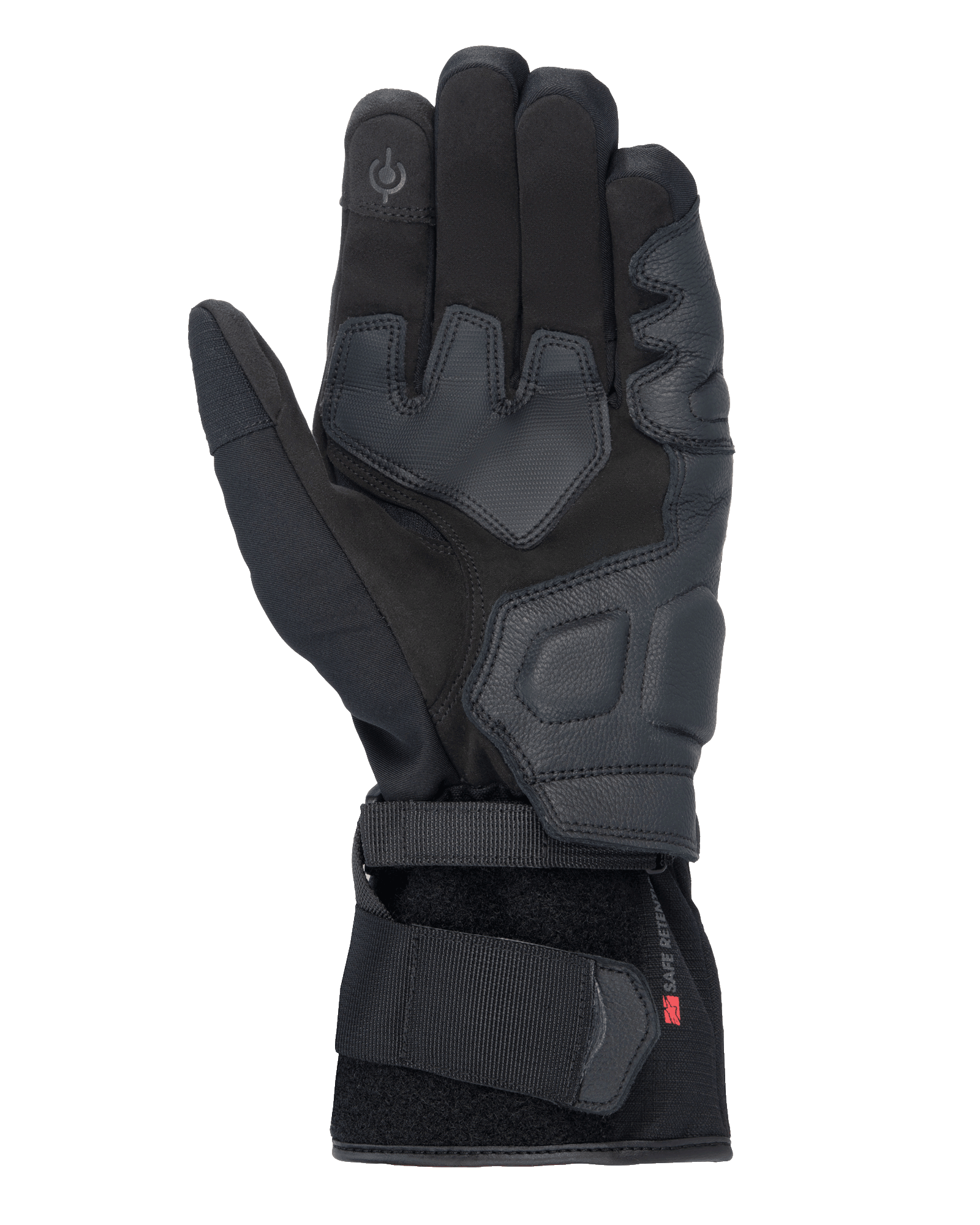 Rękawice Alpinestars Tourer W-7 V2 Drystar®, czarne rękawice motocyklowe, widok od strony dłoni ze skórzanymi wzmocnieniami, wyściełanymi strefami chwytu, opuszką palca kompatybilną z ekranami dotykowymi i bezpiecznym zapięciem na pasek nadgarstkowy