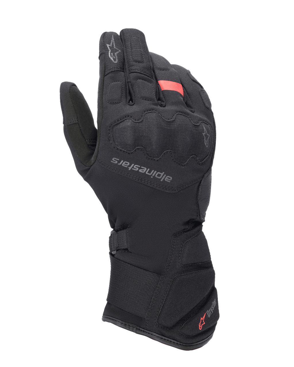 Rękawice Alpinestars Tourer W-7 V2 Drystar, zimowe motocyklowe rękawice turystyczne, czarne z czerwonymi akcentami, wzmocniona ochrona kostek, logo Alpinestars na grzbiecie dłoni oraz długi regulowany mankiet z brandingiem Drystar