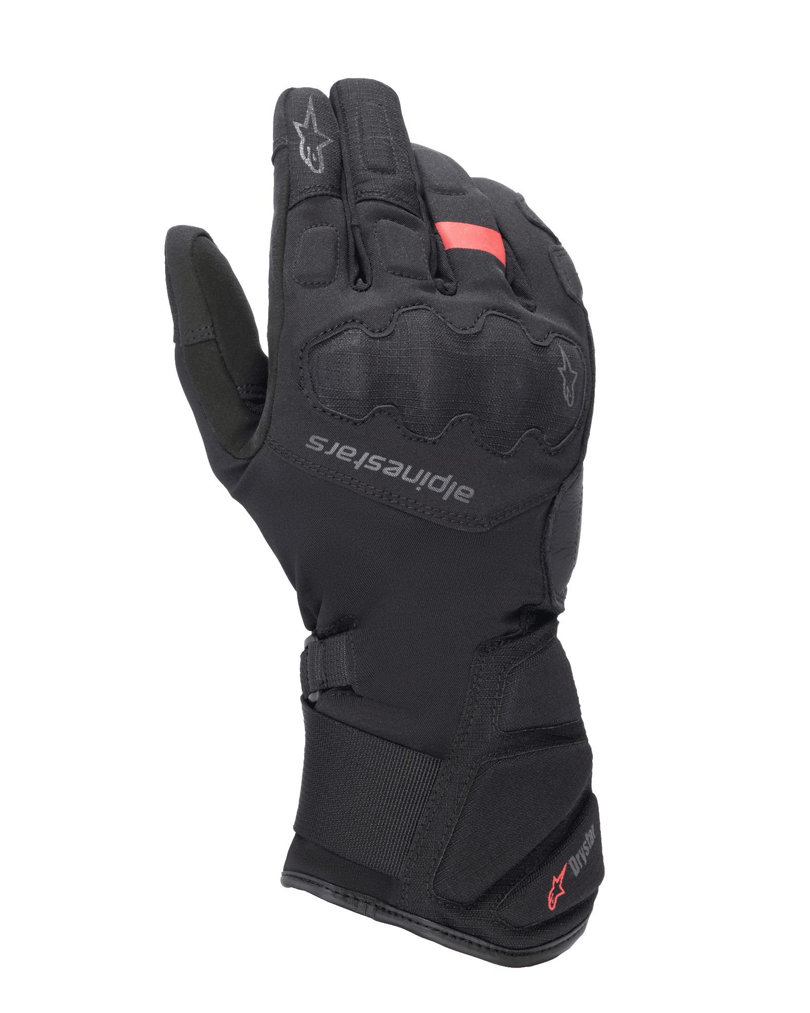 Rękawice Alpinestars Tourer W-7 V2 Drystar, zimowe motocyklowe rękawice turystyczne, czarne z czerwonymi akcentami, wzmocniona ochrona kostek, logo Alpinestars na grzbiecie dłoni oraz długi regulowany mankiet z brandingiem Drystar