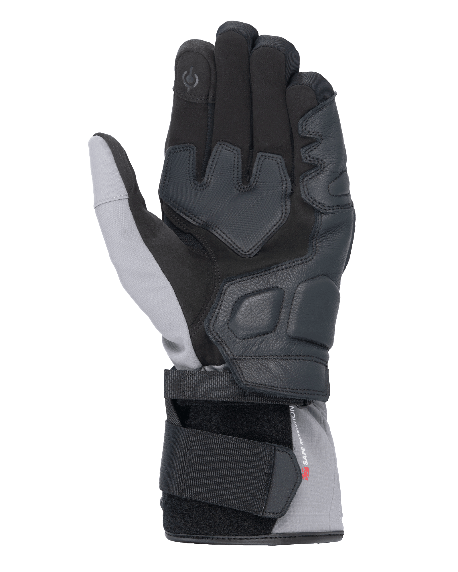 Rękawice Alpinestars Tourer W-7 V2 Drystar®, widok od strony dłoni, czarne i ciemnoszare, zimowe rękawice motocyklowe ze skórzanymi wzmocnieniami dłoni, palcem wskazującym kompatybilnym z ekranami dotykowymi i systemem podwójnego zapięcia dla bezpiecznego dopasowania