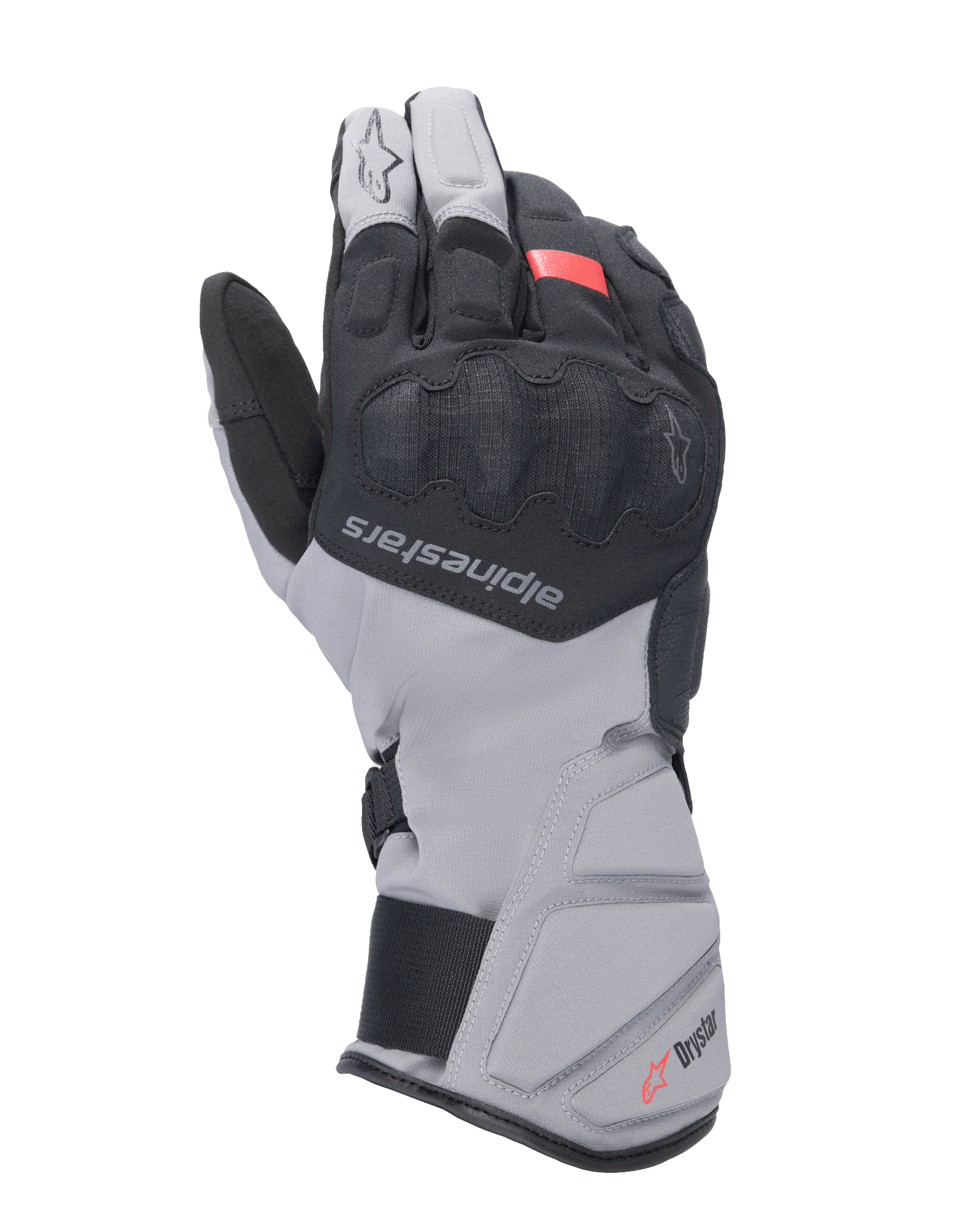 Alpinestars Tourer W-7 V2 Drystar Gloves, turystyczne rękawice motocyklowe, czarne i ciemnoszare z czerwonym akcentem, wodoodporna zimowa konstrukcja z długim mankietem, osłoniętym ochraniaczem kostek SP Lite i regulowanym systemem zapięcia
