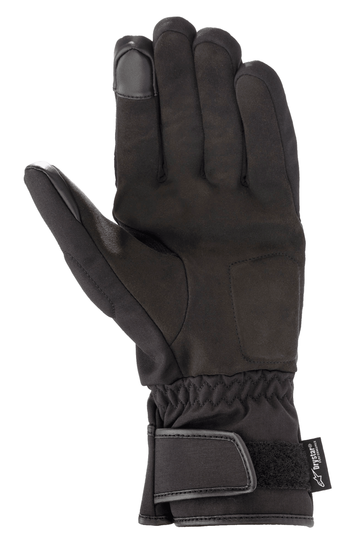 Alpinestars SR-3 V2 Drystar® Gloves, wodoodporne rękawice motocyklowe, czarne, widok od strony dłoni z syntetycznej skóry, mankiet z zapięciem na rzep oraz końcówki palców kompatybilne z ekranami dotykowymi