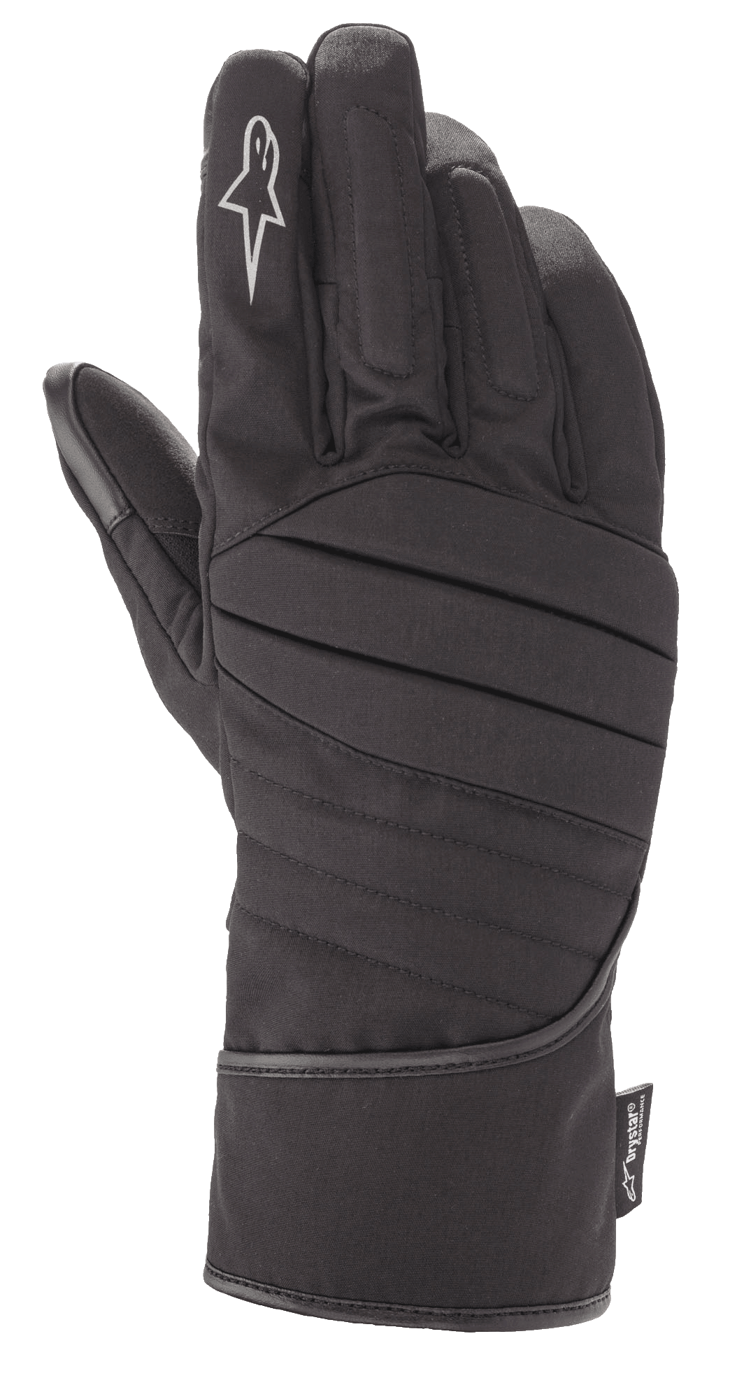 Alpinestars SR-3 V2 Drystar® Gloves, czarne wodoodporne motocyklowe rękawice turystyczne, model z długim mankietem, wyściełany żebrowany grzbiet dłoni, białe logo gwiazdy na palcu wskazującym i metka Drystar® performance