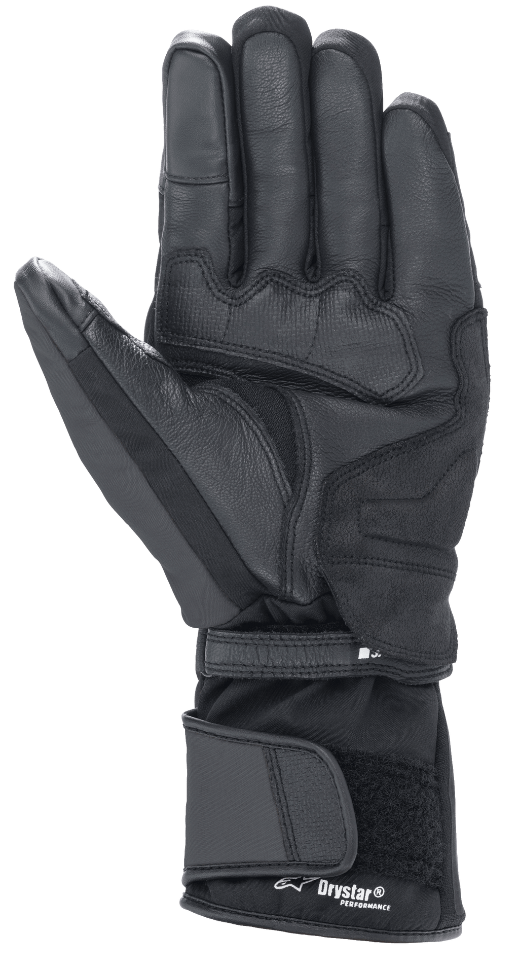 Alpinestars Denali Aerogel Drystar® Gloves, czarne, widok od strony dłoni z wzmocnionymi panelami materiałowymi, teksturowanym uchwytem na palcach i regulowanym długim mankietem z logo Drystar® Performance, zimowa odzież motocyklowa do adventure touring