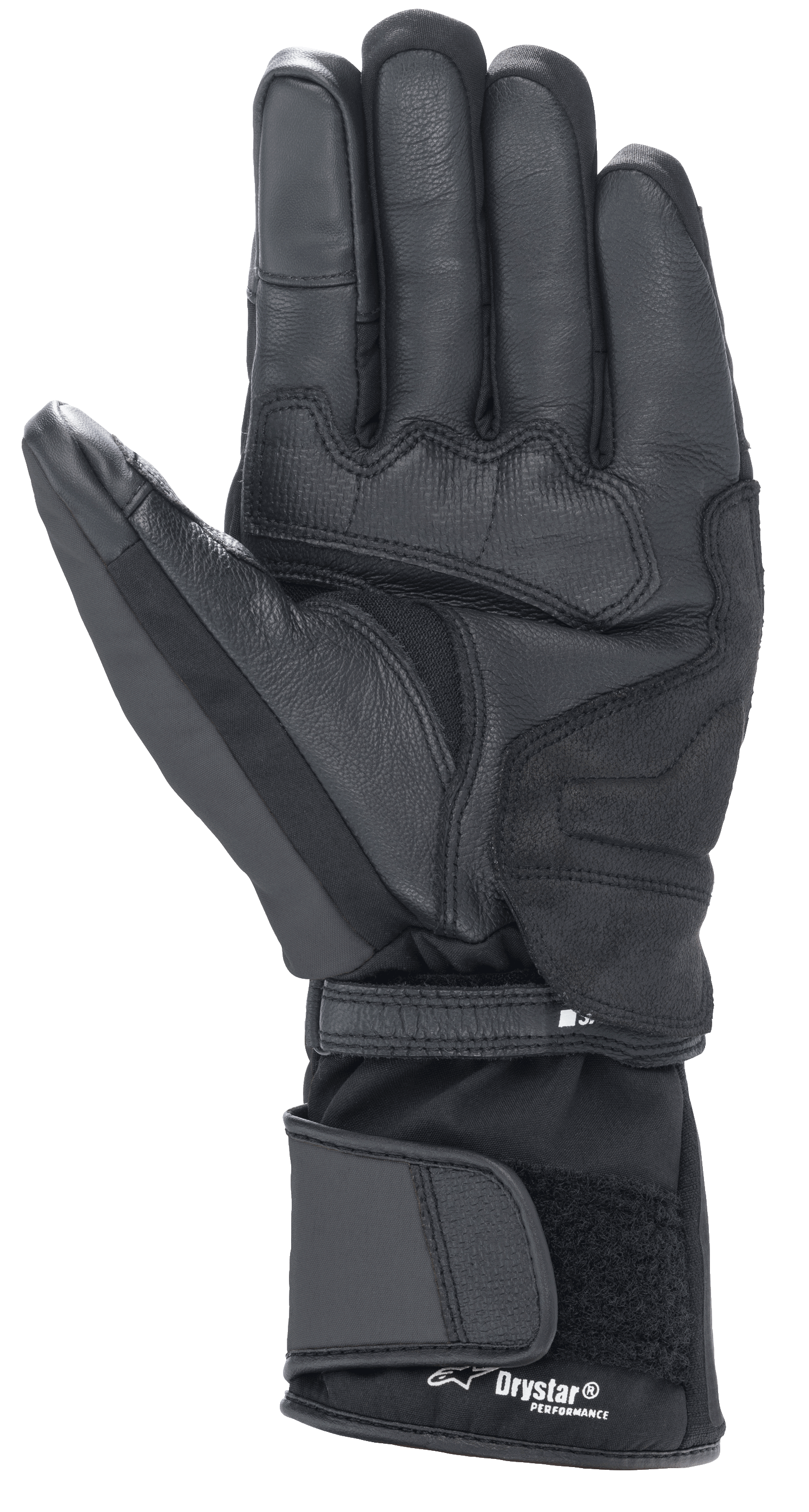 Alpinestars Denali Aerogel Drystar® Gloves, czarne, widok od strony dłoni z wzmocnionymi panelami materiałowymi, teksturowanym uchwytem na palcach i regulowanym długim mankietem z logo Drystar® Performance, zimowa odzież motocyklowa do adventure touring