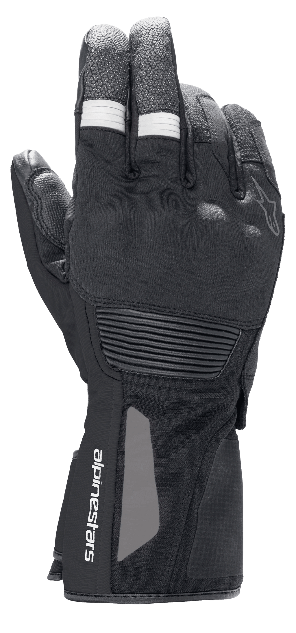 Rękawice Alpinestars Denali Aerogel Drystar®, motocyklowe rękawice adventure touring, czarne z białymi prążkowanymi akcentami na palcach, formowana ochrona kostek i logo na nadgarstku, techniczna wielomateriałowa konstrukcja na niskie temperatury