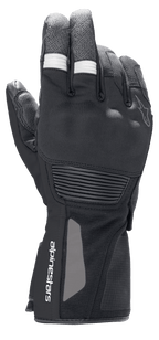 Rękawice Alpinestars Denali Aerogel Drystar®, motocyklowe rękawice adventure touring, czarne z białymi prążkowanymi akcentami na palcach, formowana ochrona kostek i logo na nadgarstku, techniczna wielomateriałowa konstrukcja na niskie temperatury