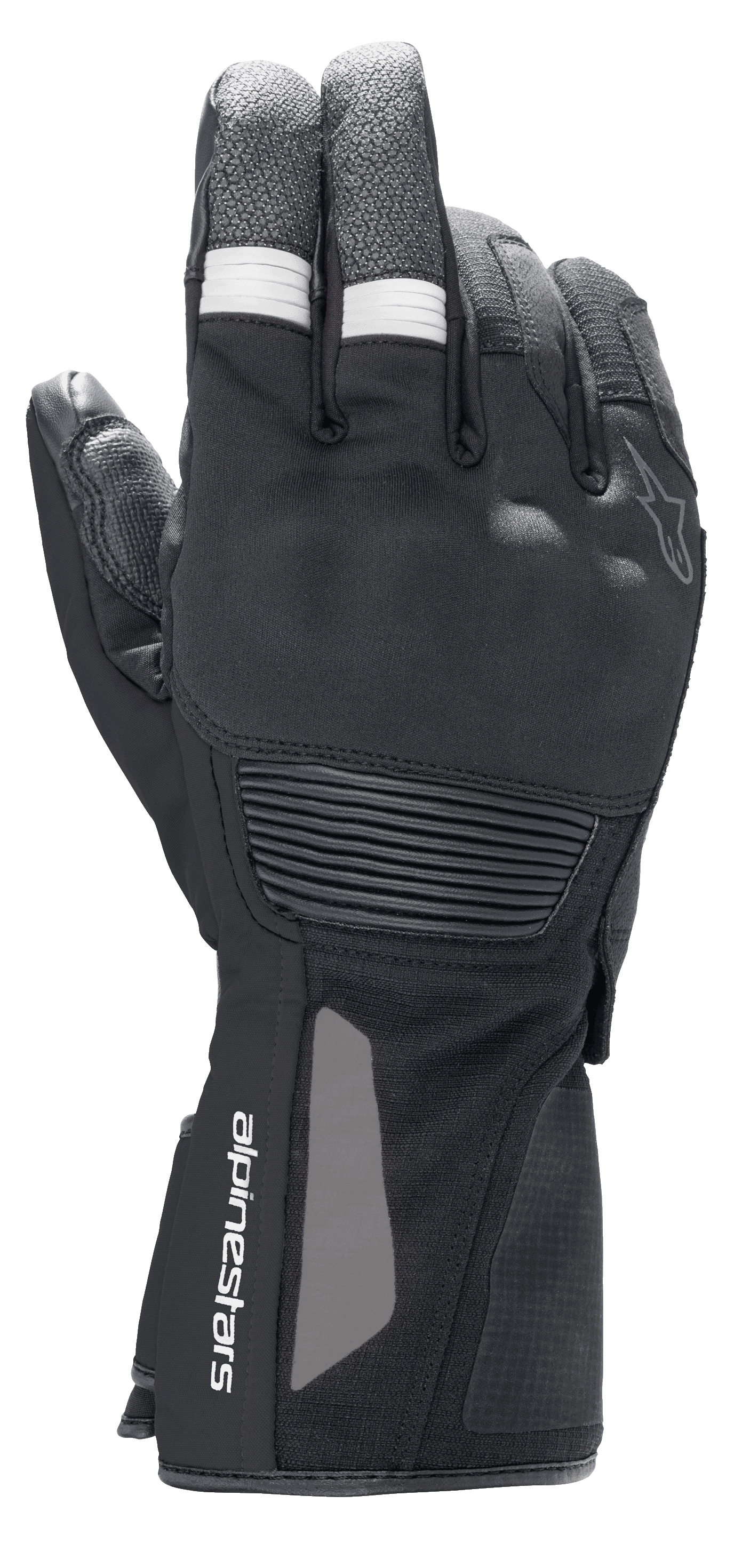 Rękawice Alpinestars Denali Aerogel Drystar®, motocyklowe rękawice adventure touring, czarne z białymi prążkowanymi akcentami na palcach, formowana ochrona kostek i logo na nadgarstku, techniczna wielomateriałowa konstrukcja na niskie temperatury