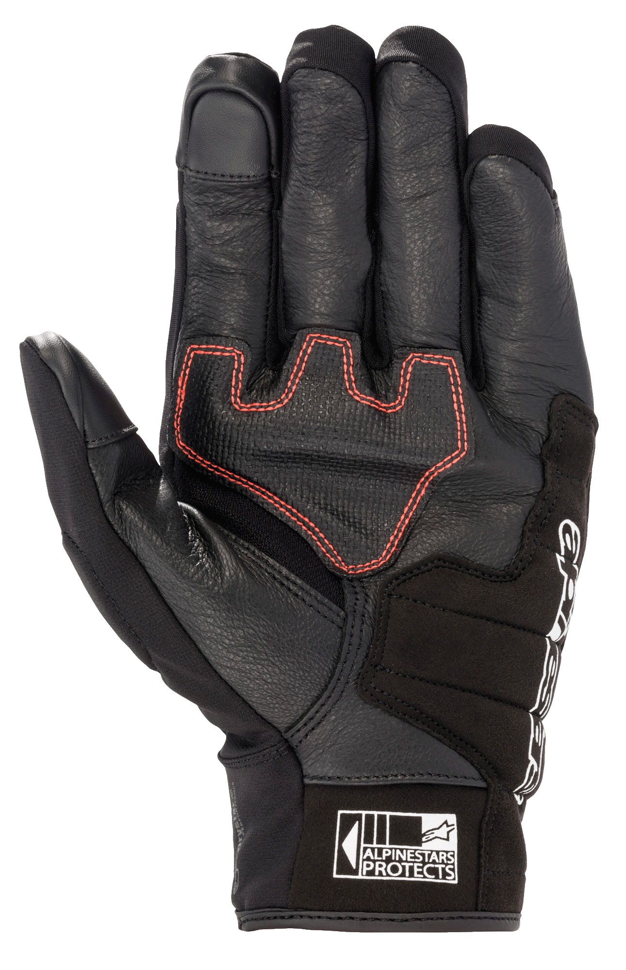 Alpinestars Honda SMX Z Drystar® Glove, short cuff motorcycle glove, Black with bright red geometric stitching on the palm, goat leather construction with suede reinforcements, features touchscreen compatible fingertips and Alpinestars Protects logo on the cuff.