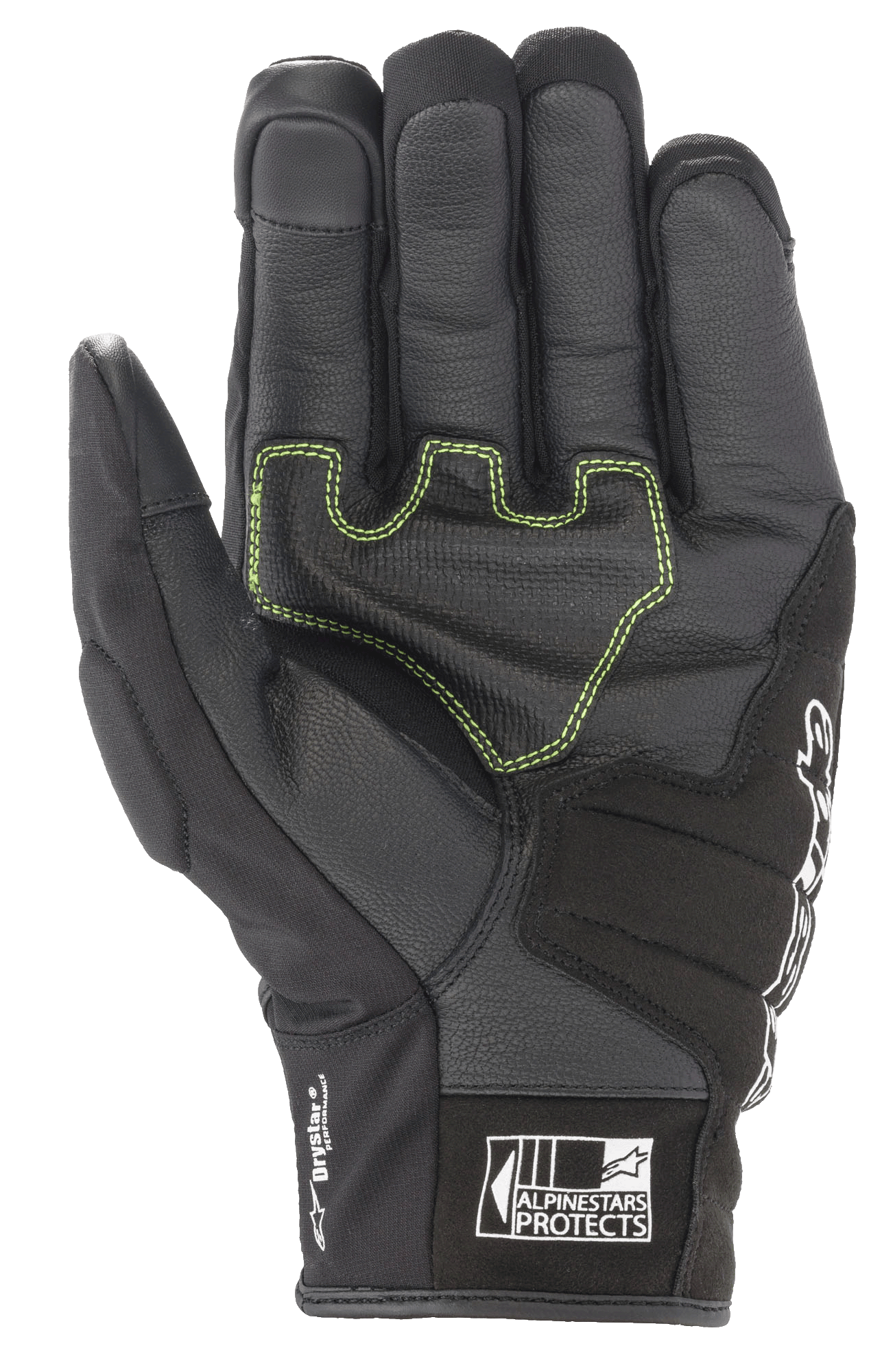 Alpinestars SMX Z Drystar® Gloves, Black motorcycle gloves, palm view featuring neon green contrast stitching on reinforced leather, 'Drystar Performance' branding on the side, and 'Alpinestars Protects' logo on the cuff