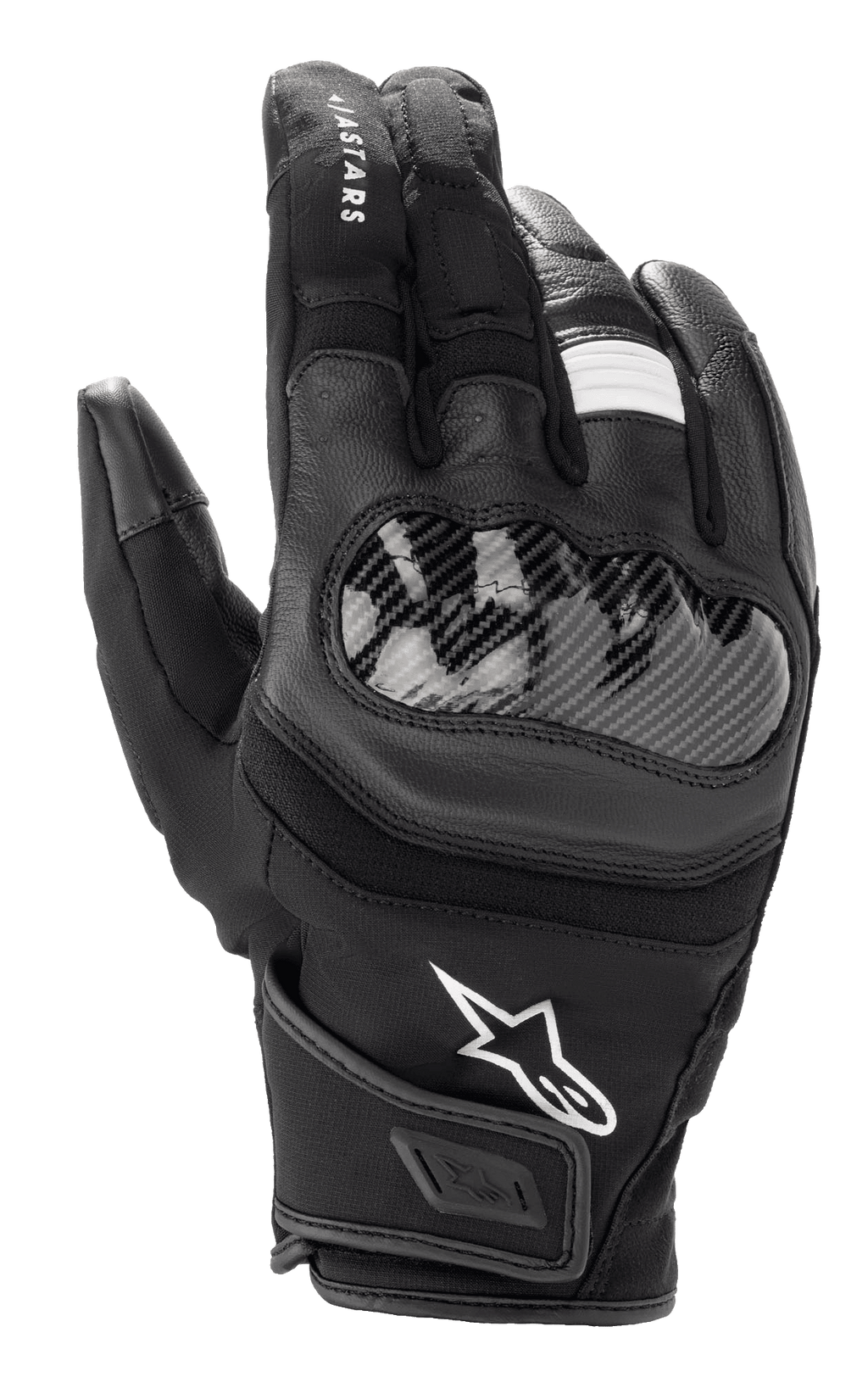 Alpinestars SMX Z Drystar® Gloves, Short Cuff Motorcycle Gloves, Black, featuring hard knuckle protection with carbon-fiber look, leather and fabric construction, white Alpinestars logo, and waterproof Drystar® technology