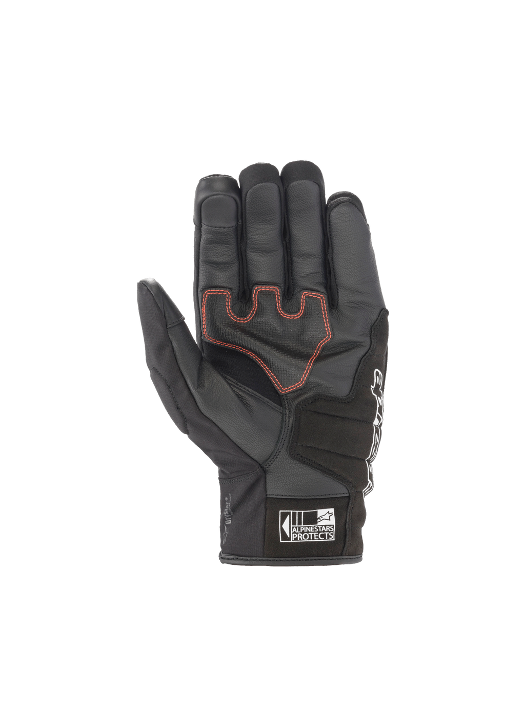 Alpinestars Rękawice SMX Z Drystar®, czarne wodoodporne rękawice motocyklowe ze skóry koziej, widok dłoni z czerwonymi szwami.