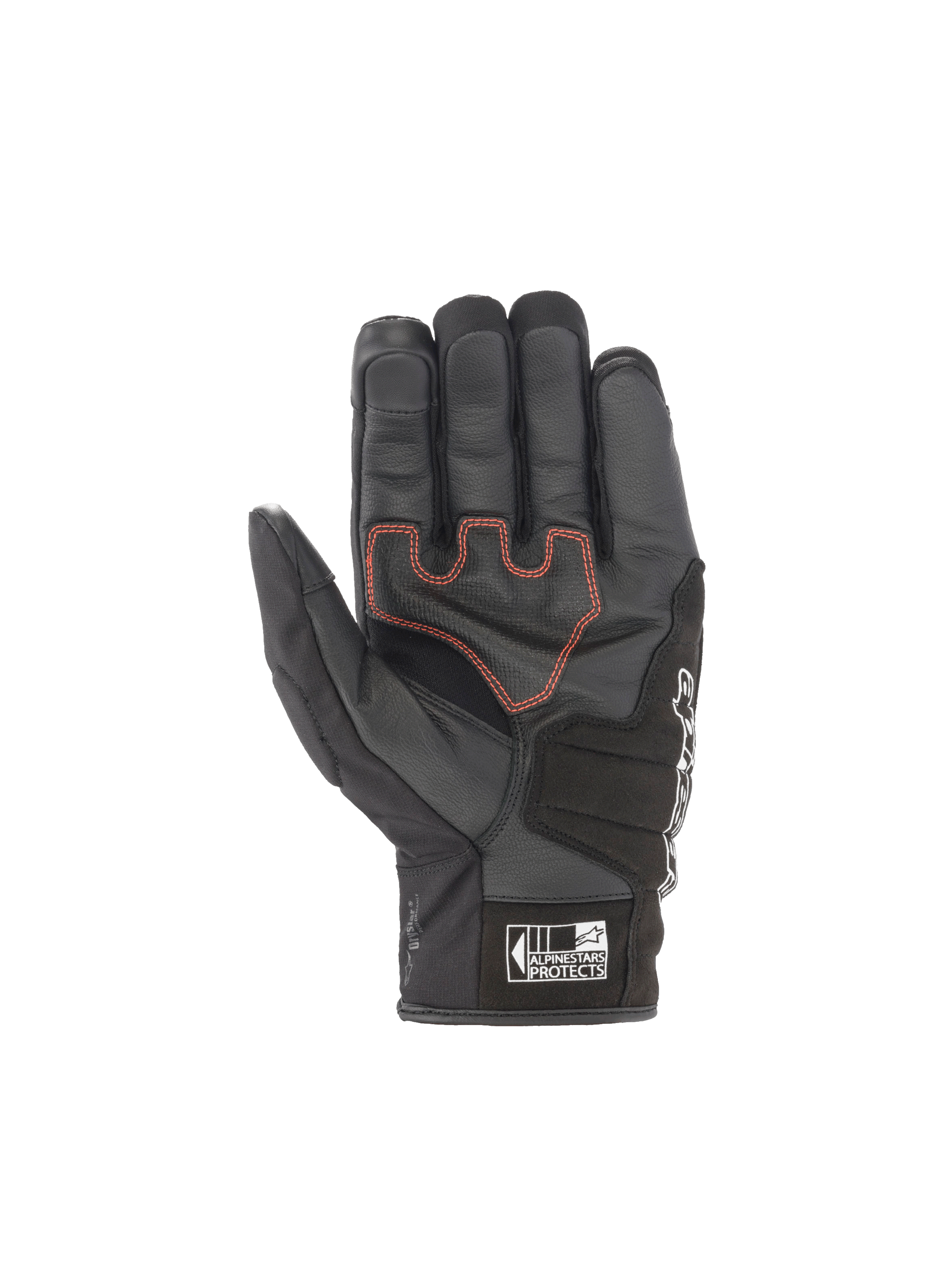 Alpinestars Rękawice SMX Z Drystar®, czarne wodoodporne rękawice motocyklowe ze skóry koziej, widok dłoni z czerwonymi szwami.