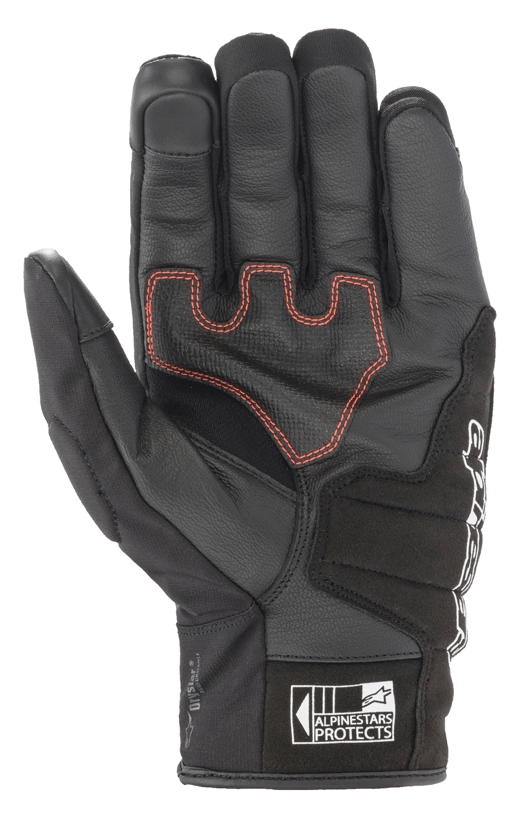 Rękawice Alpinestars SMX Z Drystar®, krótkie rękawice motocyklowe, czarne z czerwonymi kontrastowymi przeszyciami, widok od strony dłoni ukazujący skórzaną konstrukcję i wzmocnione wyściółki, z logo Alpinestars Protects na mankiecie.