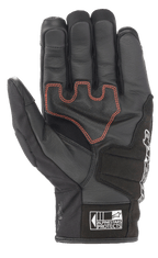 Rękawice Alpinestars SMX Z Drystar®, krótkie rękawice motocyklowe, czarne z czerwonymi kontrastowymi przeszyciami, widok od strony dłoni ukazujący skórzaną konstrukcję i wzmocnione wyściółki, z logo Alpinestars Protects na mankiecie.