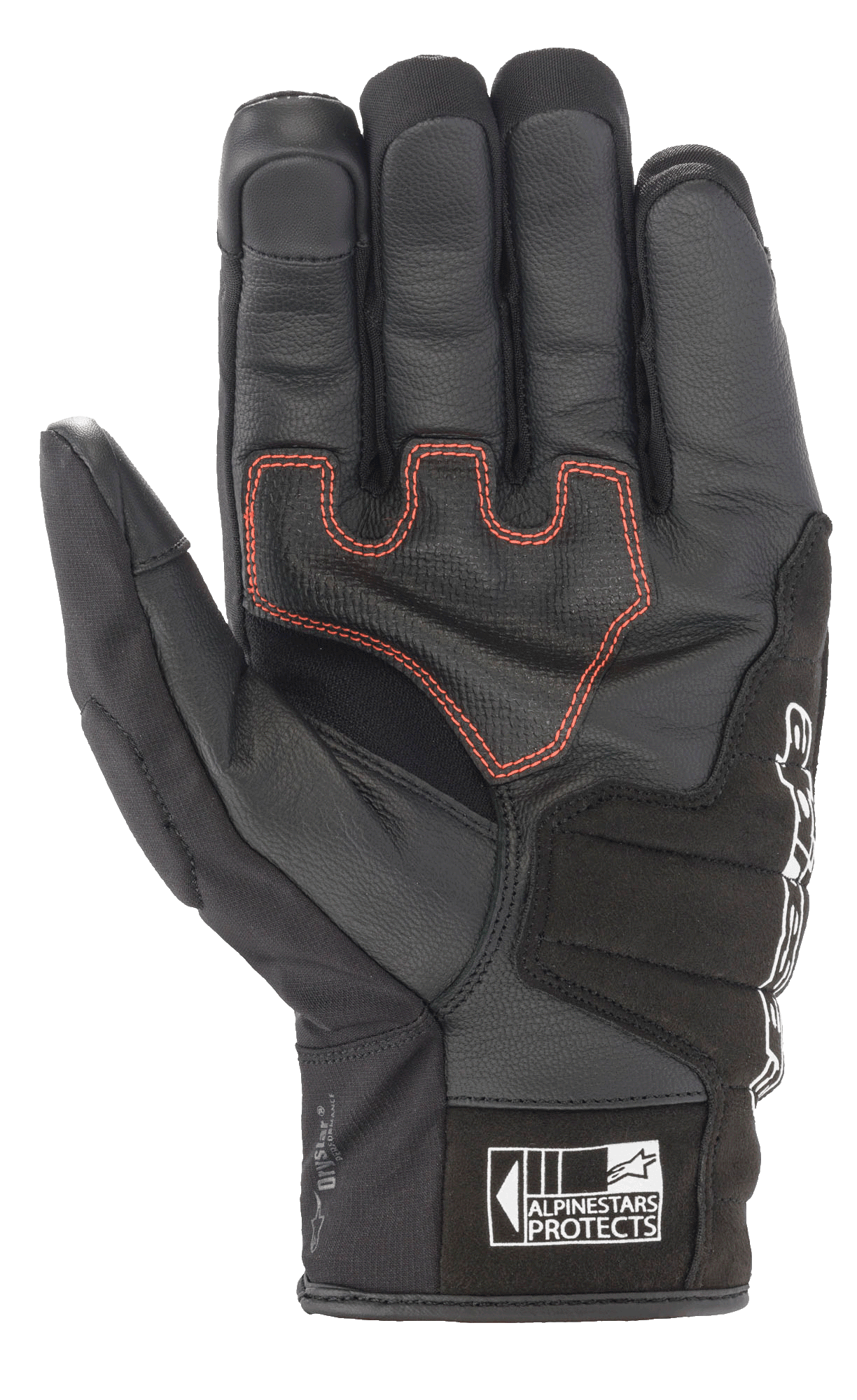 Rękawice Alpinestars SMX Z Drystar®, krótkie rękawice motocyklowe, czarne z czerwonymi kontrastowymi przeszyciami, widok od strony dłoni ukazujący skórzaną konstrukcję i wzmocnione wyściółki, z logo Alpinestars Protects na mankiecie.