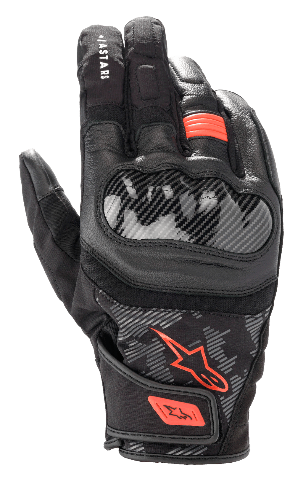 Rękawice Alpinestars SMX Z Drystar®, rękawice motocyklowe, czarno-czerwone fluo, twardy ochraniacz kostek w stylu włókna węglowego, konstrukcja ze skóry i materiału tekstylnego, wodoodporna konstrukcja z krótkim mankietem