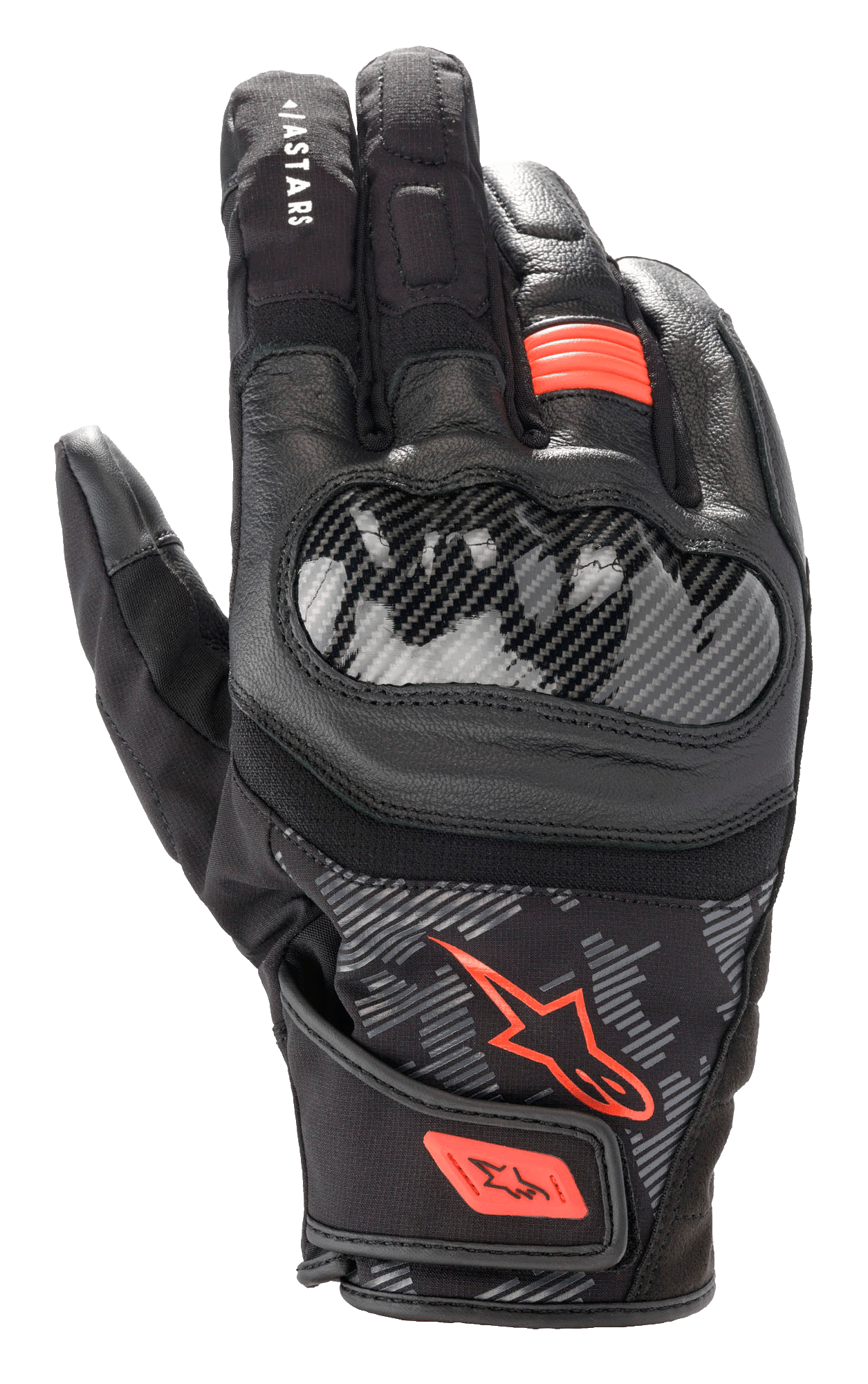 Rękawice Alpinestars SMX Z Drystar®, rękawice motocyklowe, czarno-czerwone fluo, twardy ochraniacz kostek w stylu włókna węglowego, konstrukcja ze skóry i materiału tekstylnego, wodoodporna konstrukcja z krótkim mankietem