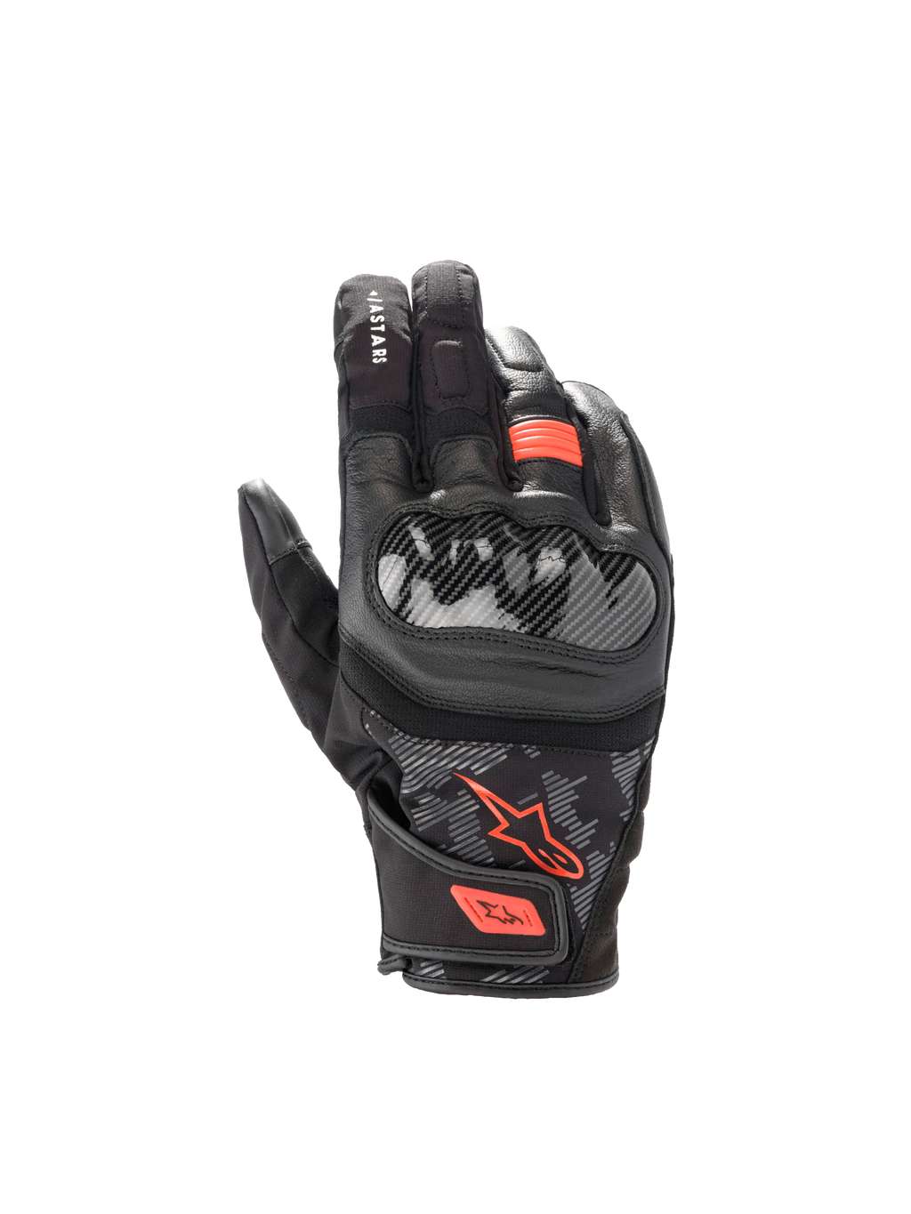 Alpinestars SMX Z Drystar®, wodoodporne rękawice motocyklowe, czarne i czerwone fluo, twardy ochraniacz kostek, skóra kozia.