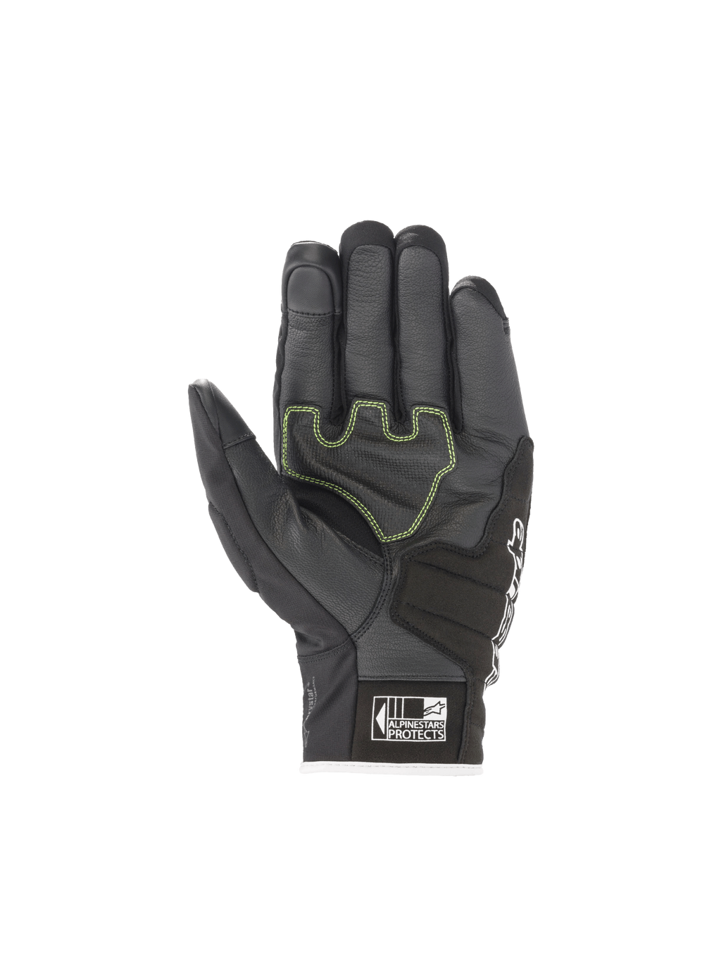 Rękawice Alpinestars SMX Z Drystar, czarne wodoodporne rękawice motocyklowe wyścigowe, skórzane wnętrze dłoni z jaskrawożółtymi akcentami fluo i logo Alpinestars Protects.