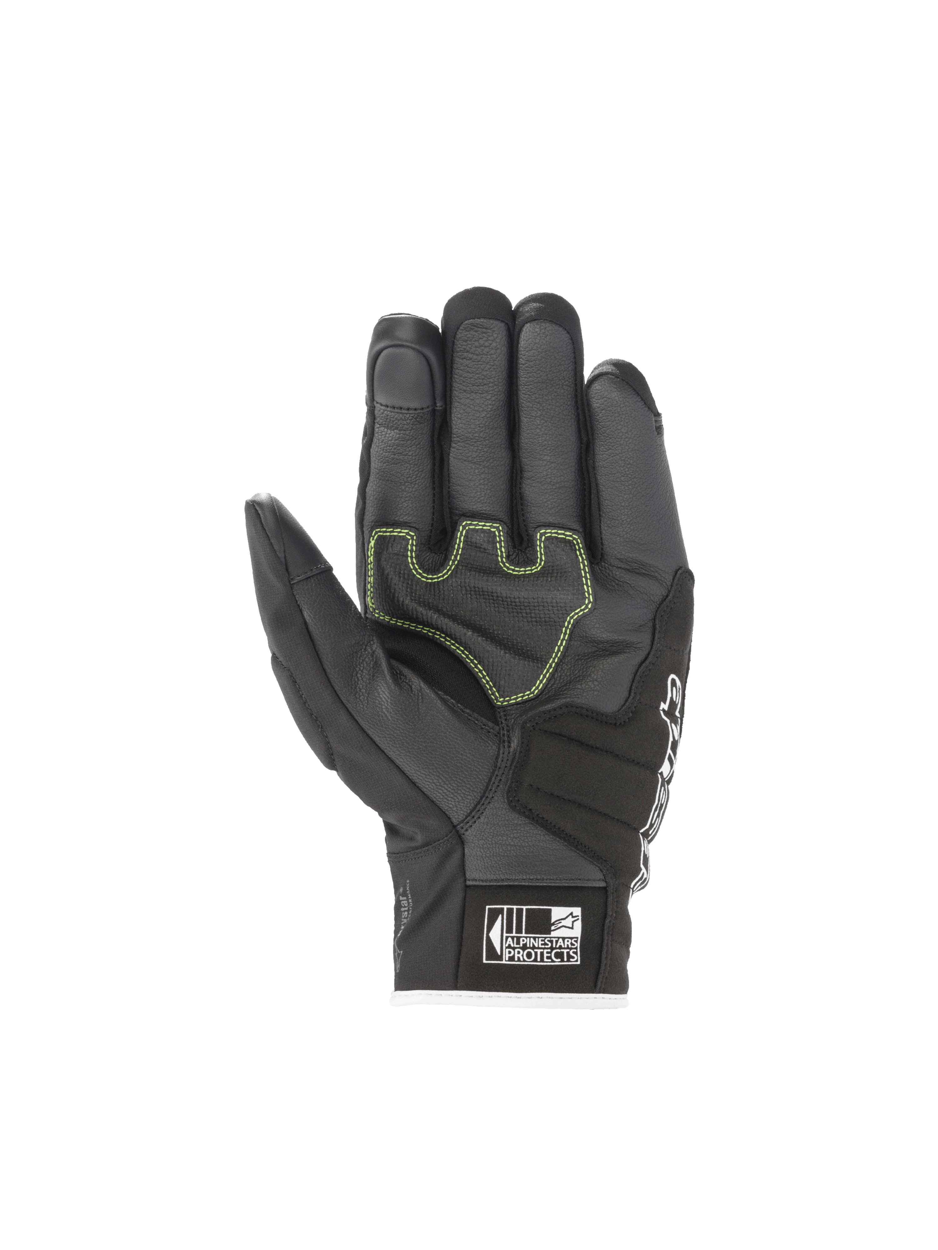 Rękawice Alpinestars SMX Z Drystar, czarne wodoodporne rękawice motocyklowe wyścigowe, skórzane wnętrze dłoni z jaskrawożółtymi akcentami fluo i logo Alpinestars Protects.