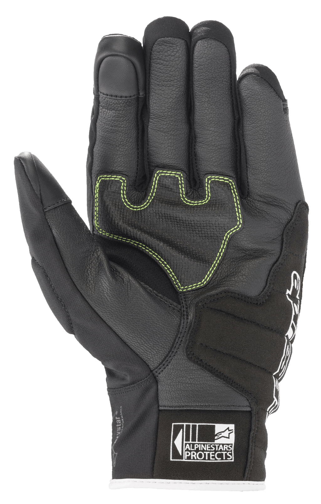Rękawice Alpinestars SMX Z Drystar®, rękawice motocyklowe, czarno-biało-czerwone fluo, widok od strony dłoni pokazujący wzmocnioną skórę z limonkowymi kontrastowymi szwami i logo Alpinestars Protects na mankiecie