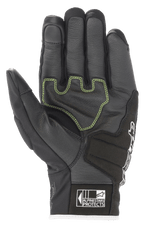 Rękawice Alpinestars SMX Z Drystar®, rękawice motocyklowe, czarno-biało-czerwone fluo, widok od strony dłoni pokazujący wzmocnioną skórę z limonkowymi kontrastowymi szwami i logo Alpinestars Protects na mankiecie