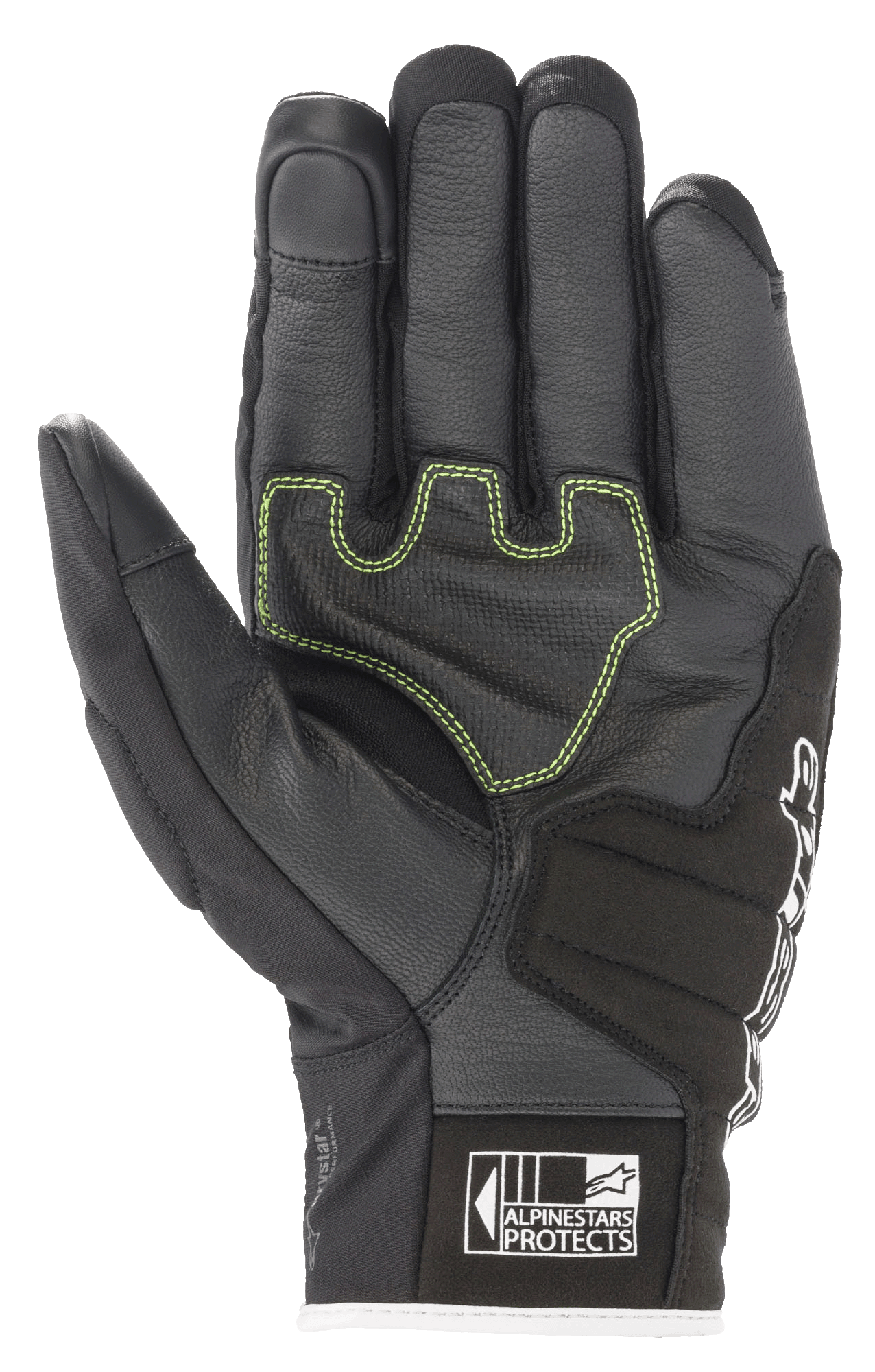 Rękawice Alpinestars SMX Z Drystar®, rękawice motocyklowe, czarno-biało-czerwone fluo, widok od strony dłoni pokazujący wzmocnioną skórę z limonkowymi kontrastowymi szwami i logo Alpinestars Protects na mankiecie