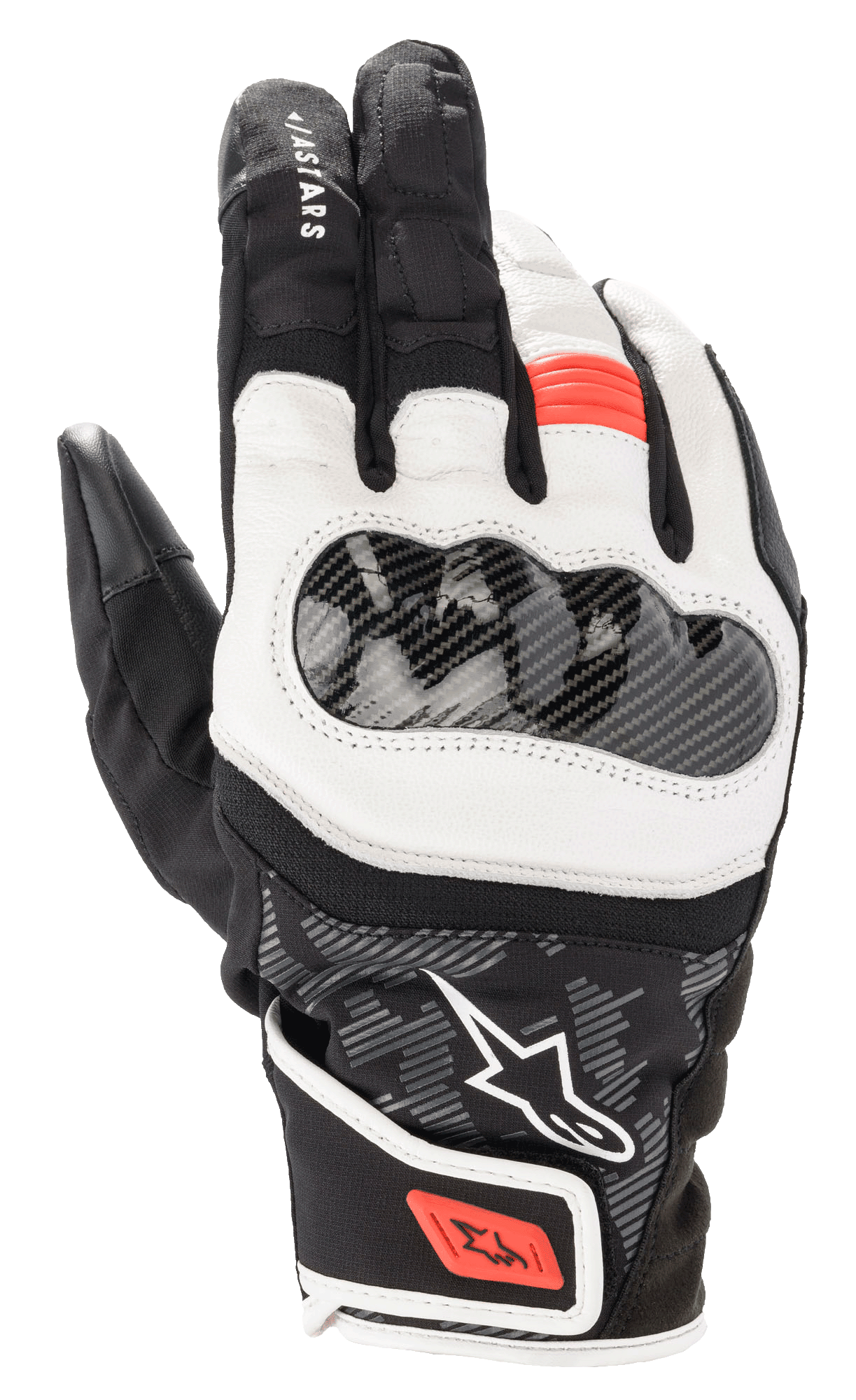 Rękawice Alpinestars SMX Z Drystar, krótkie rękawice motocyklowe, czarne, białe i czerwone fluo, twardy ochraniacz kostek o strukturze włókna węglowego, miękkie białe skórzane panele i czerwone akcenty na palcu oraz pasku na nadgarstku