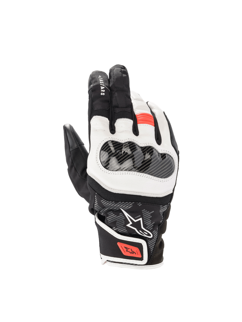Alpinestars SMX Z Drystar®, wodoodporne rękawice motocyklowe, czarne, białe i czerwone fluo, twardy ochraniacz kostek.