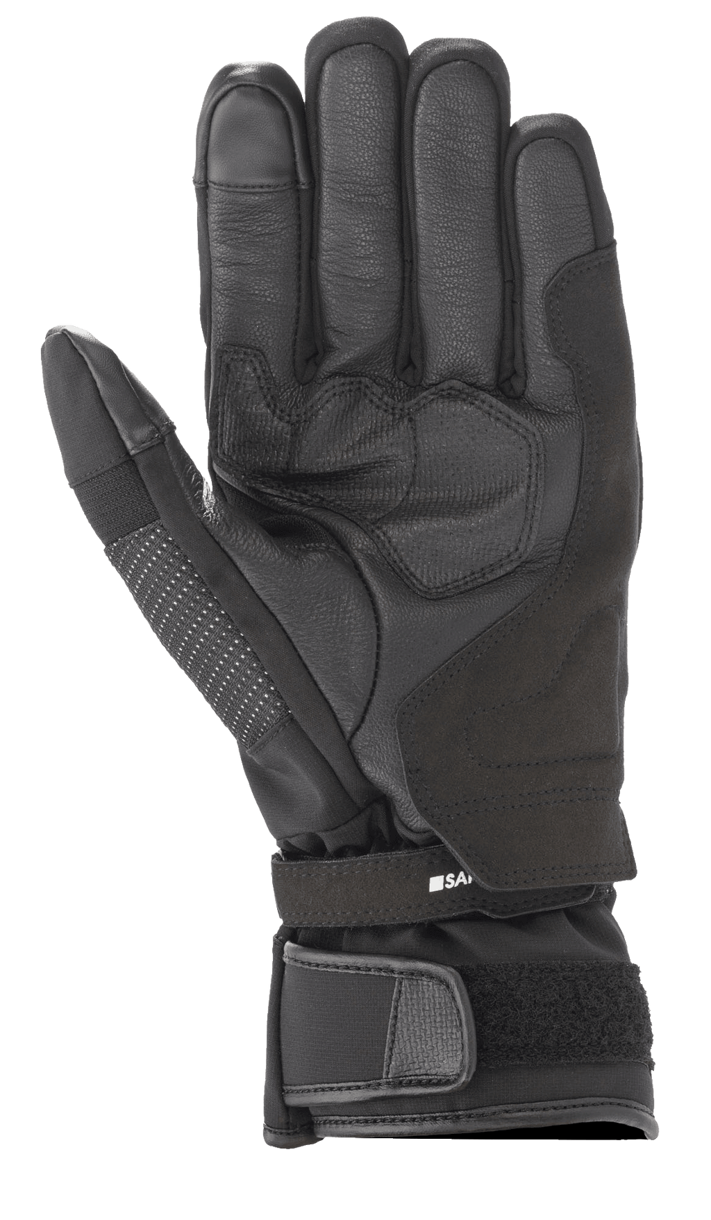 Alpinestars Andes V3 Drystar® Glove, czarna rękawica motocyklowa, widok od strony dłoni z konstrukcją ze skóry koziej i materiału tekstylnego, wzmocniony obszar dłoni, regulowany pasek na nadgarstku z mankietem na rzep, techniczny design turystyczny na każdą pogodę