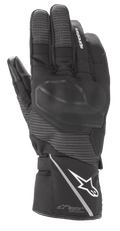 Rękawice Alpinestars Andes V3 Drystar, czarne turystyczne rękawice motocyklowe, konstrukcja ze skóry koziej i tkaniny, zintegrowany ochraniacz kostek, białe logo Alpinestars na mankiecie z odblaskowym paskiem, teksturowane panele na palcach i technologia Drystar Performance