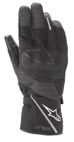 Rękawice Alpinestars Andes V3 Drystar, czarne turystyczne rękawice motocyklowe, konstrukcja ze skóry koziej i tkaniny, zintegrowany ochraniacz kostek, białe logo Alpinestars na mankiecie z odblaskowym paskiem, teksturowane panele na palcach i technologia Drystar Performance
