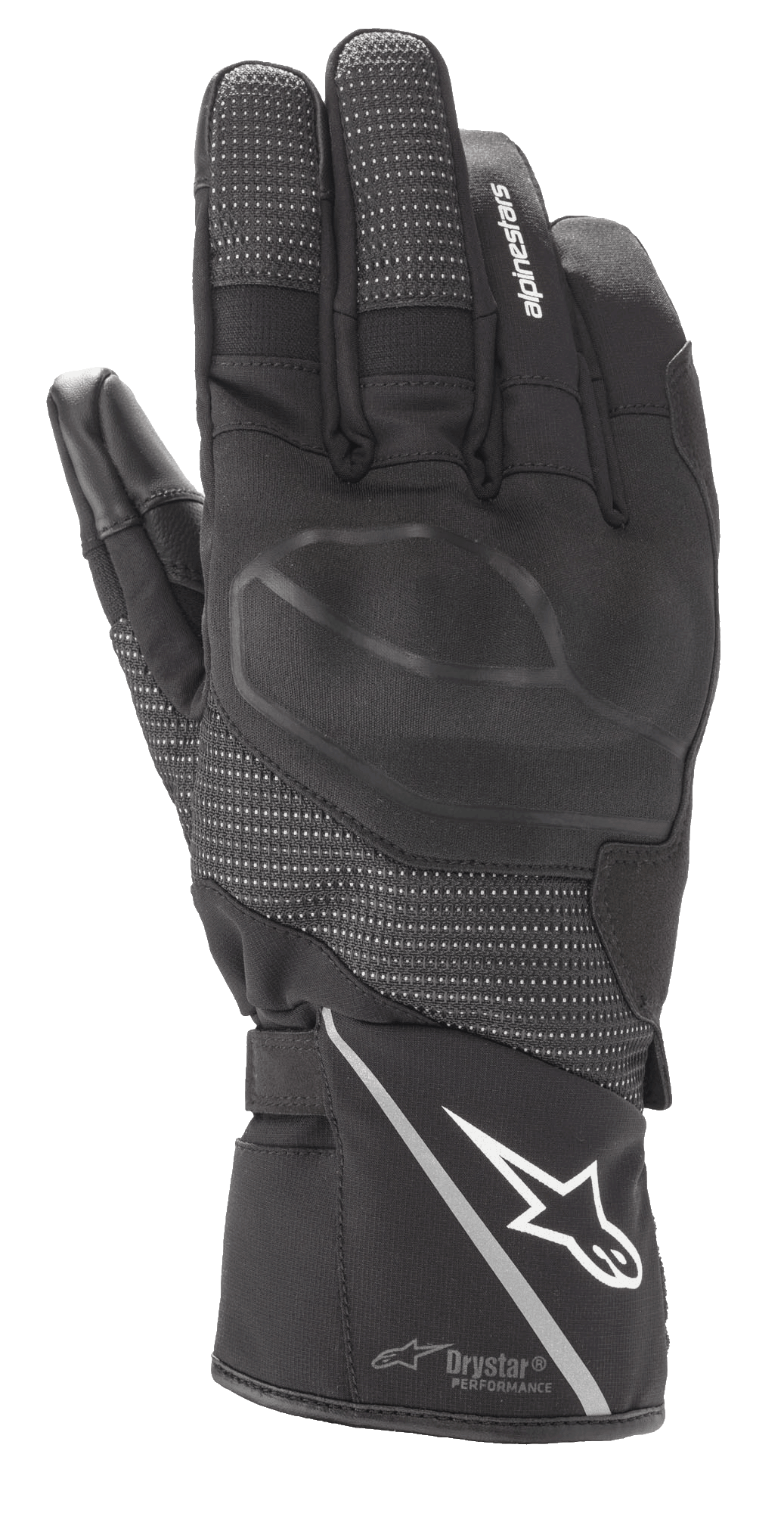 Rękawice Alpinestars Andes V3 Drystar, czarne turystyczne rękawice motocyklowe, konstrukcja ze skóry koziej i tkaniny, zintegrowany ochraniacz kostek, białe logo Alpinestars na mankiecie z odblaskowym paskiem, teksturowane panele na palcach i technologia Drystar Performance