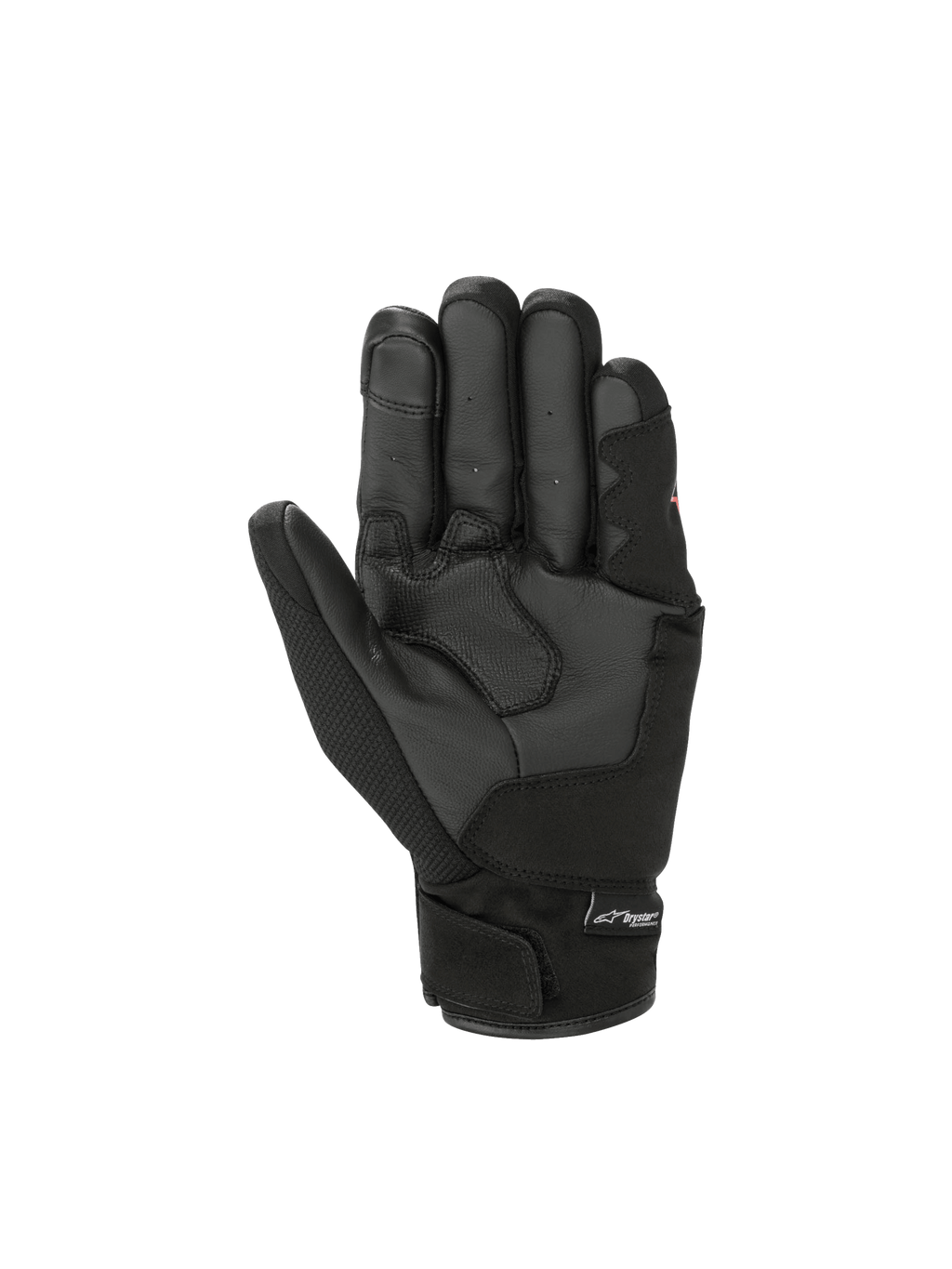 Alpinestars S-Max Drystar, męskie rękawice motocyklowe sportowe, czarne, skórzana dłoń i wodoodporna membrana Drystar, krótki mankiet, widok wnętrza dłoni.