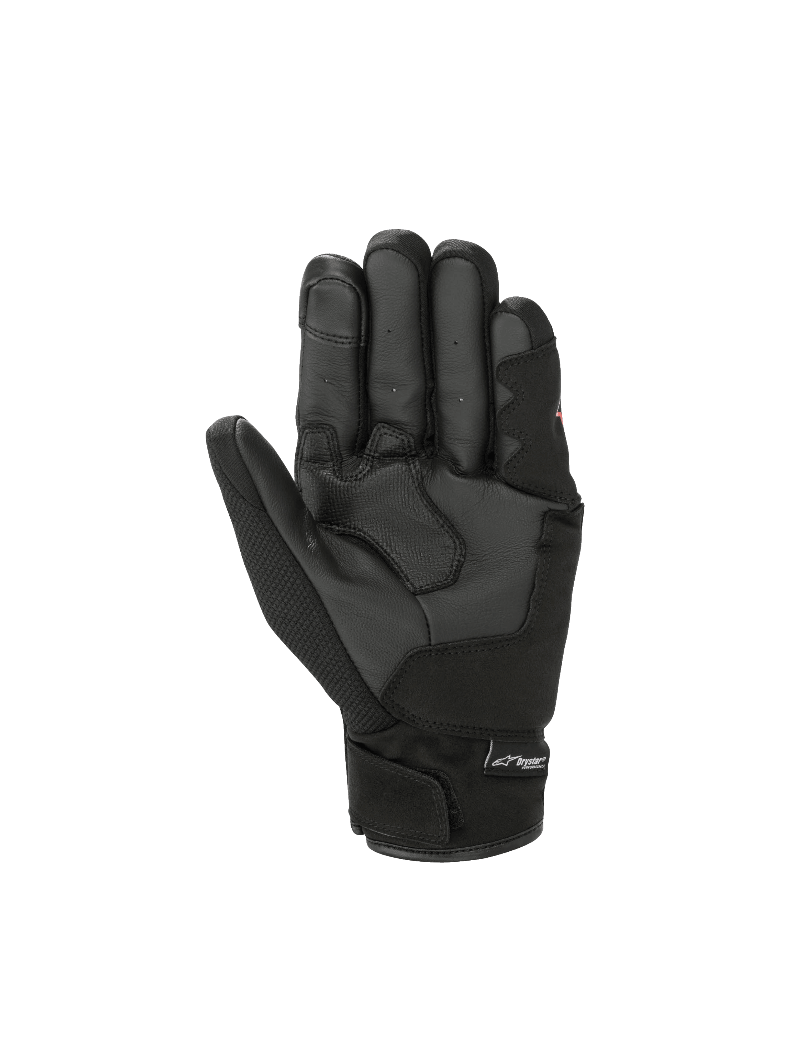 Alpinestars S-Max Drystar, męskie rękawice motocyklowe sportowe, czarne, skórzana dłoń i wodoodporna membrana Drystar, krótki mankiet, widok wnętrza dłoni.